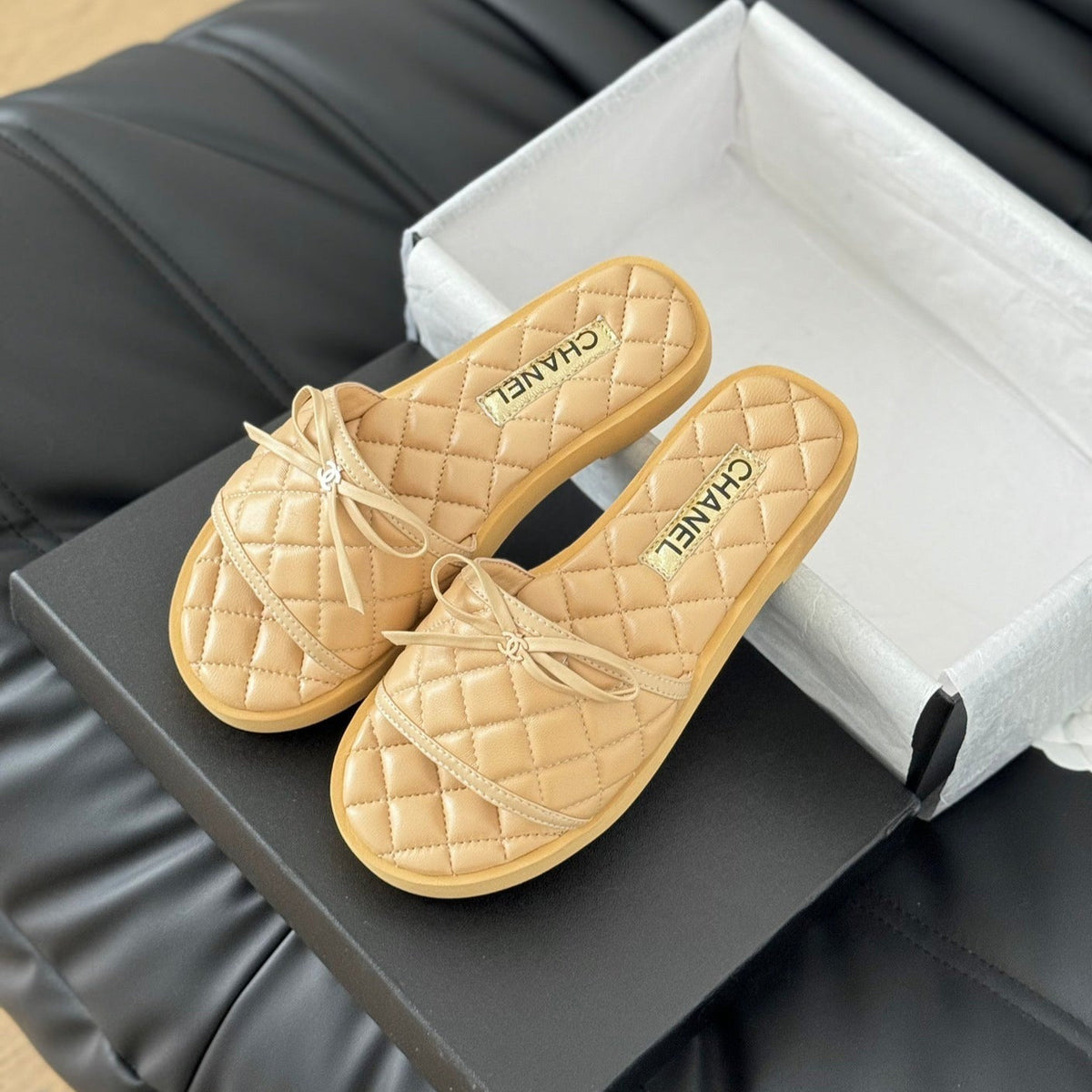 Chanel Double C New Butterfly Button Slippers Yellow Cream Lambskin