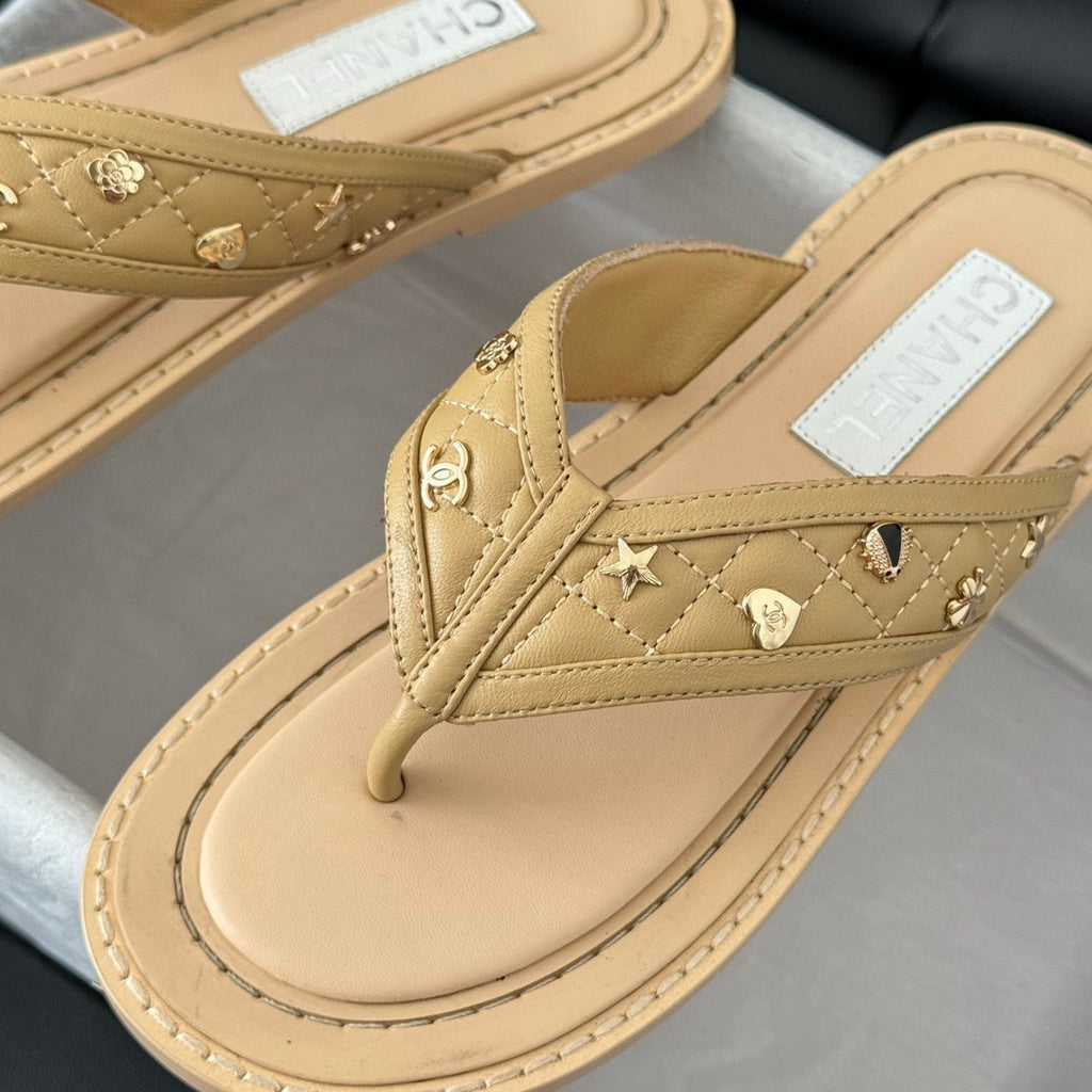 Chanel Double C Thong Sandals Lambskin Tan Brown