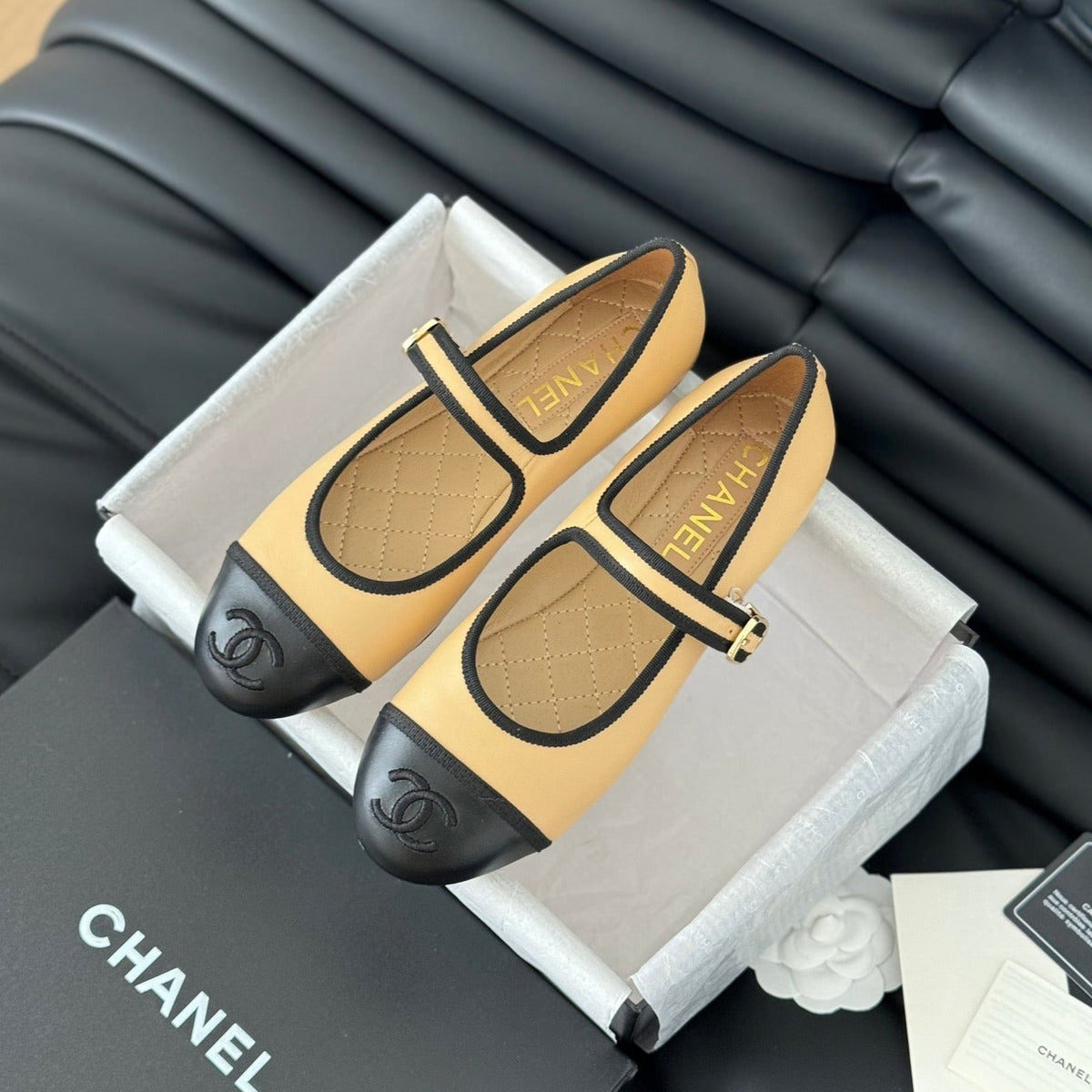 Chanel Double C Marry Jane Shoes Yellow Cream Lambskin