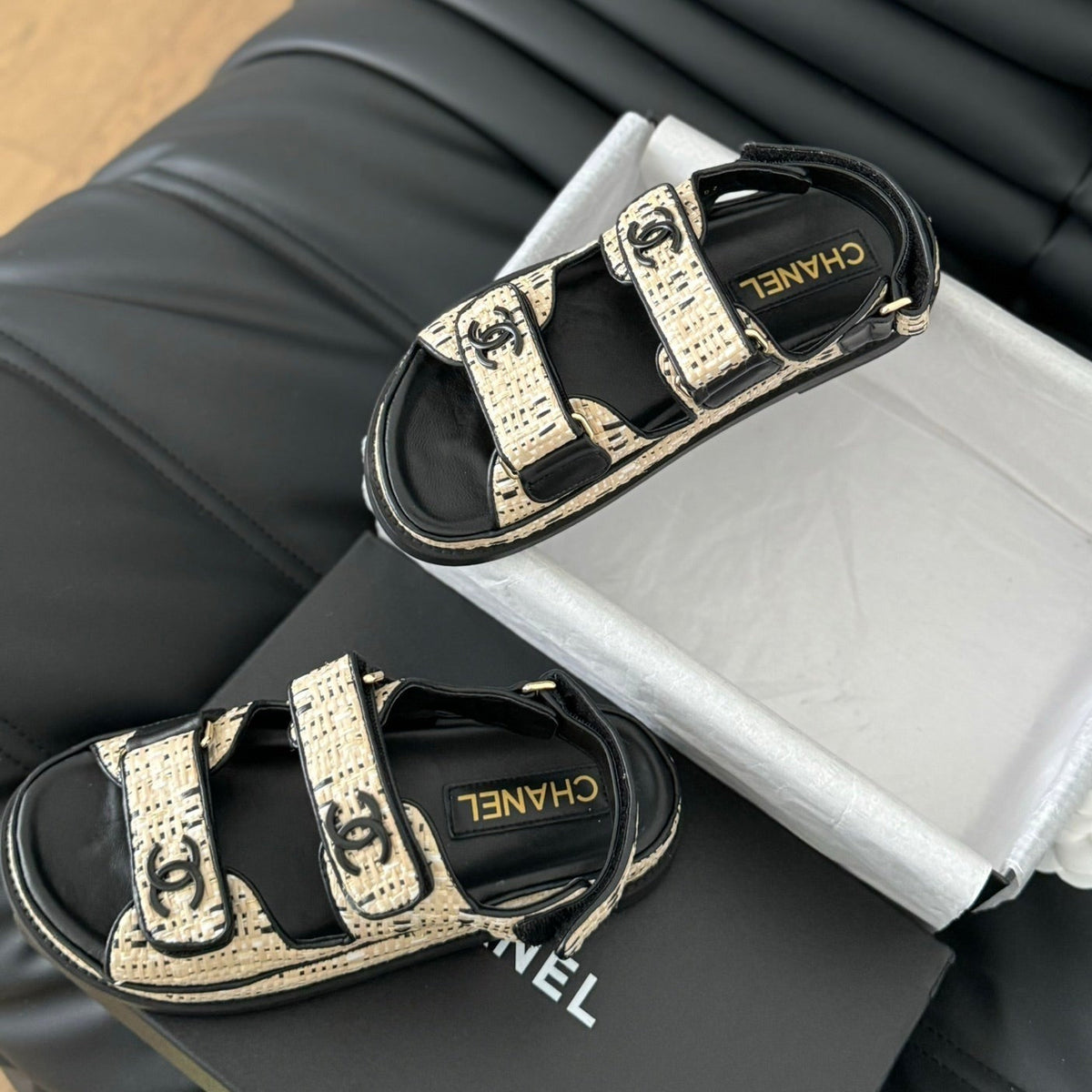 Chanel Dad Sandals Sheepskin Beige Black