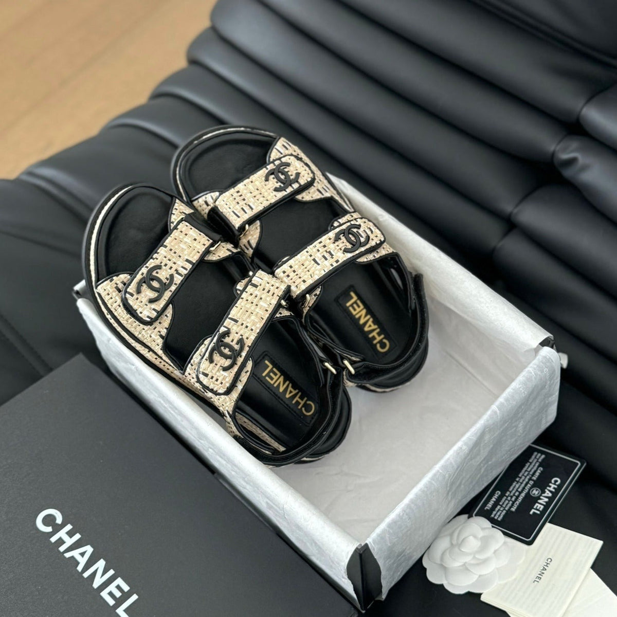 Chanel Dad Sandals Sheepskin Beige Black