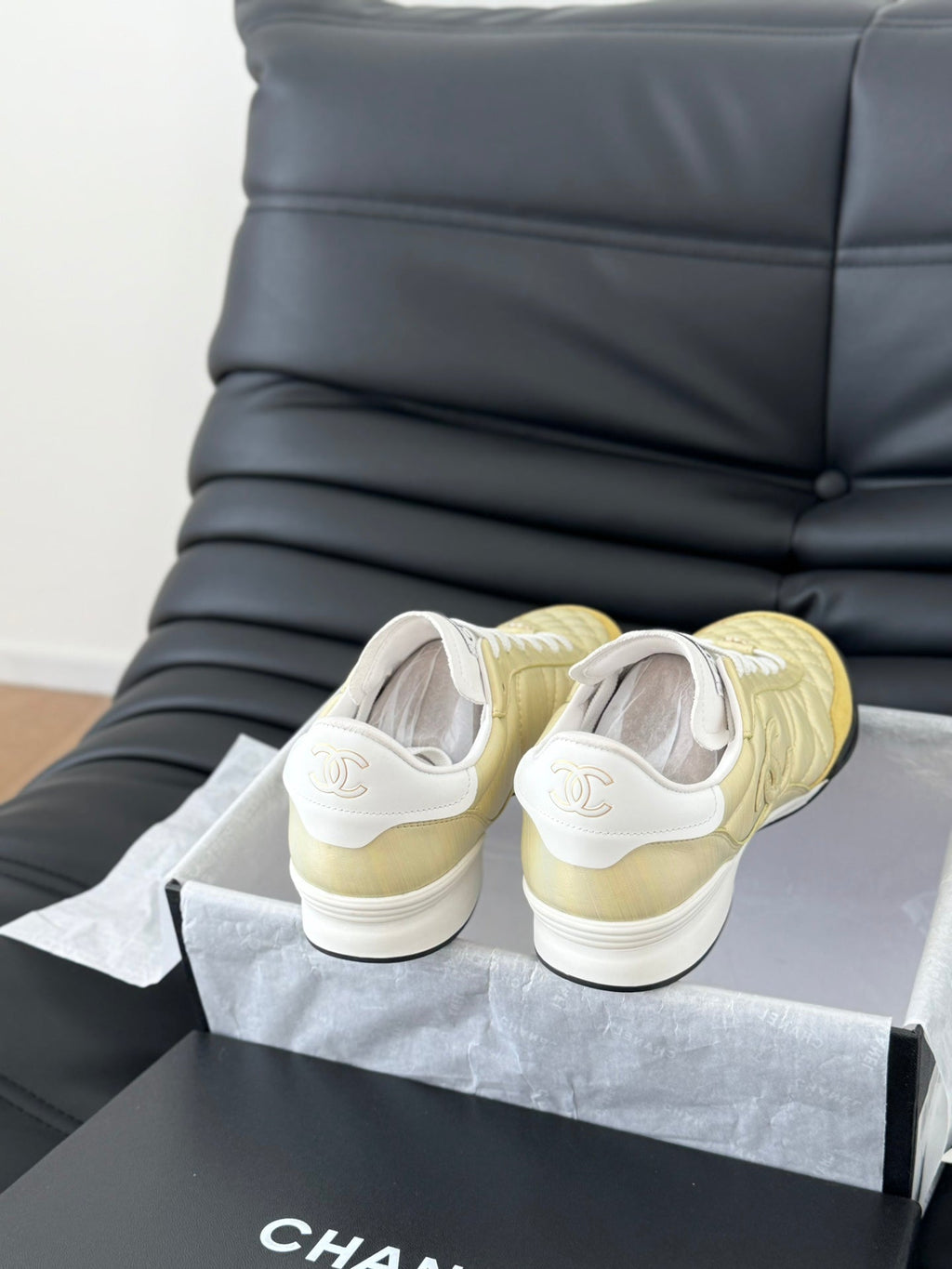 Chanel Sneaker in Light Yellow Mix White Embroidered Lambskin
