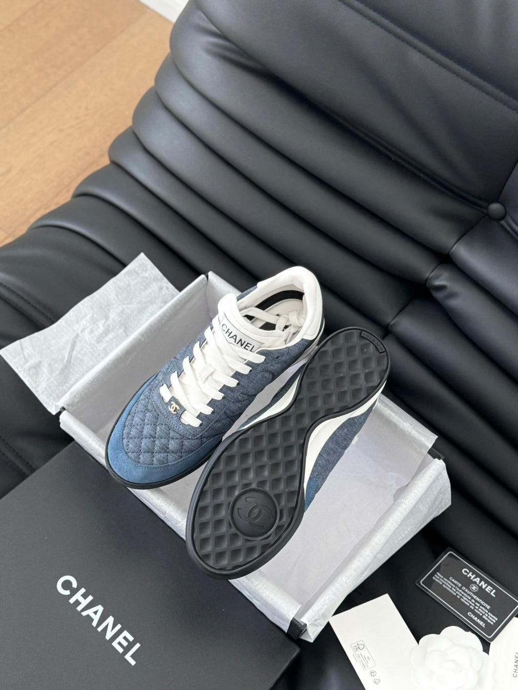 Chanel Sneaker in Aegean Blue Mix White Embroidered Lambskin