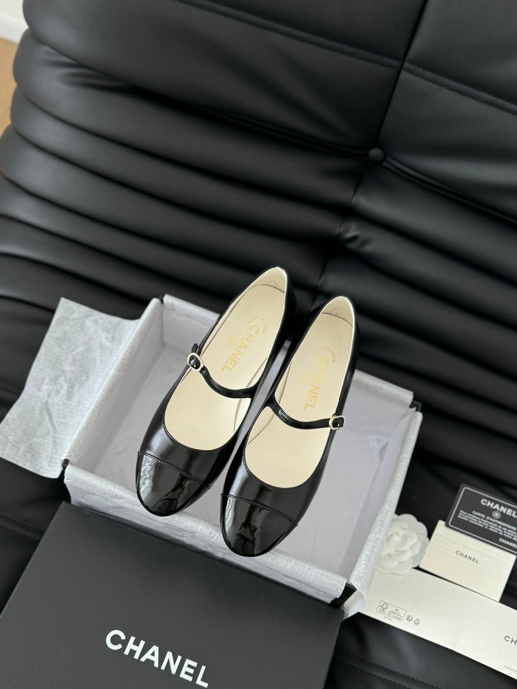 Chanel Mary Jane Shoes in Black Lambskin with Gold Hardware
