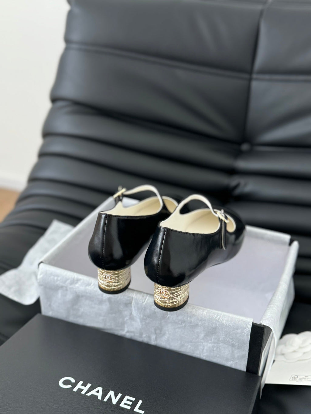 Chanel Mary Jane Shoes in Black Lambskin with Gold Hardware
