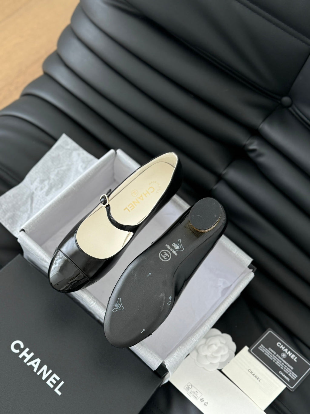 Chanel Mary Jane Shoes in Black Lambskin with Gold Hardware