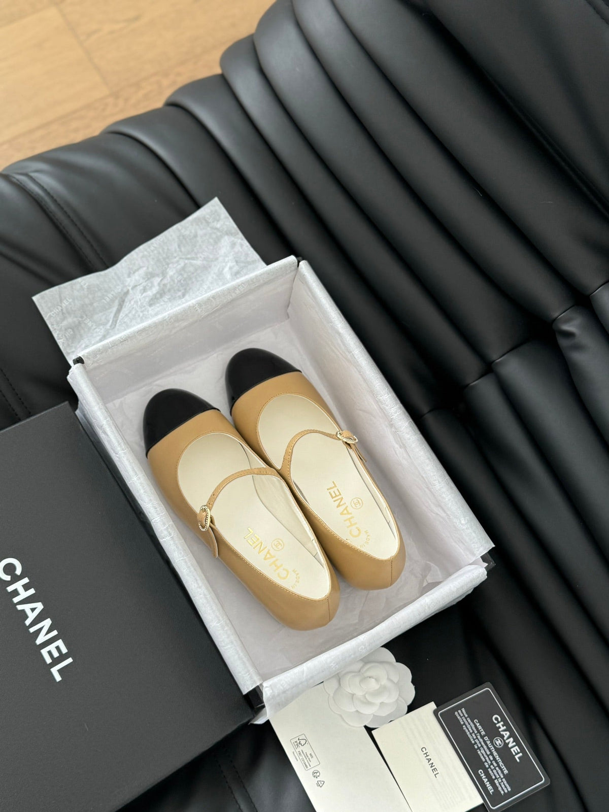Chanel Mary Jane Shoes in Sepia Beige Mix Black Lambskin with Gold Hardware