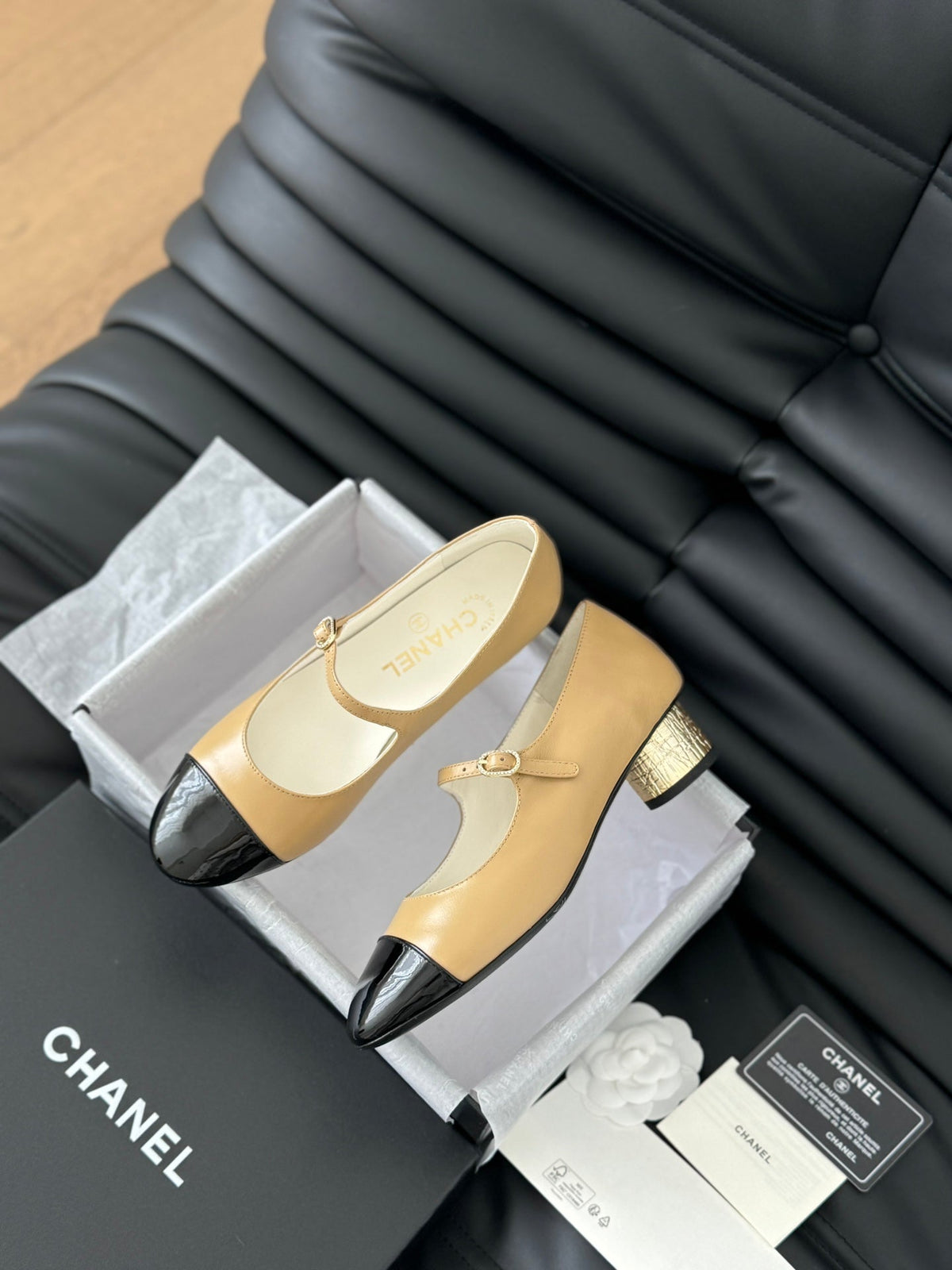 Chanel Mary Jane Shoes in Sepia Beige Mix Black Lambskin with Gold Hardware