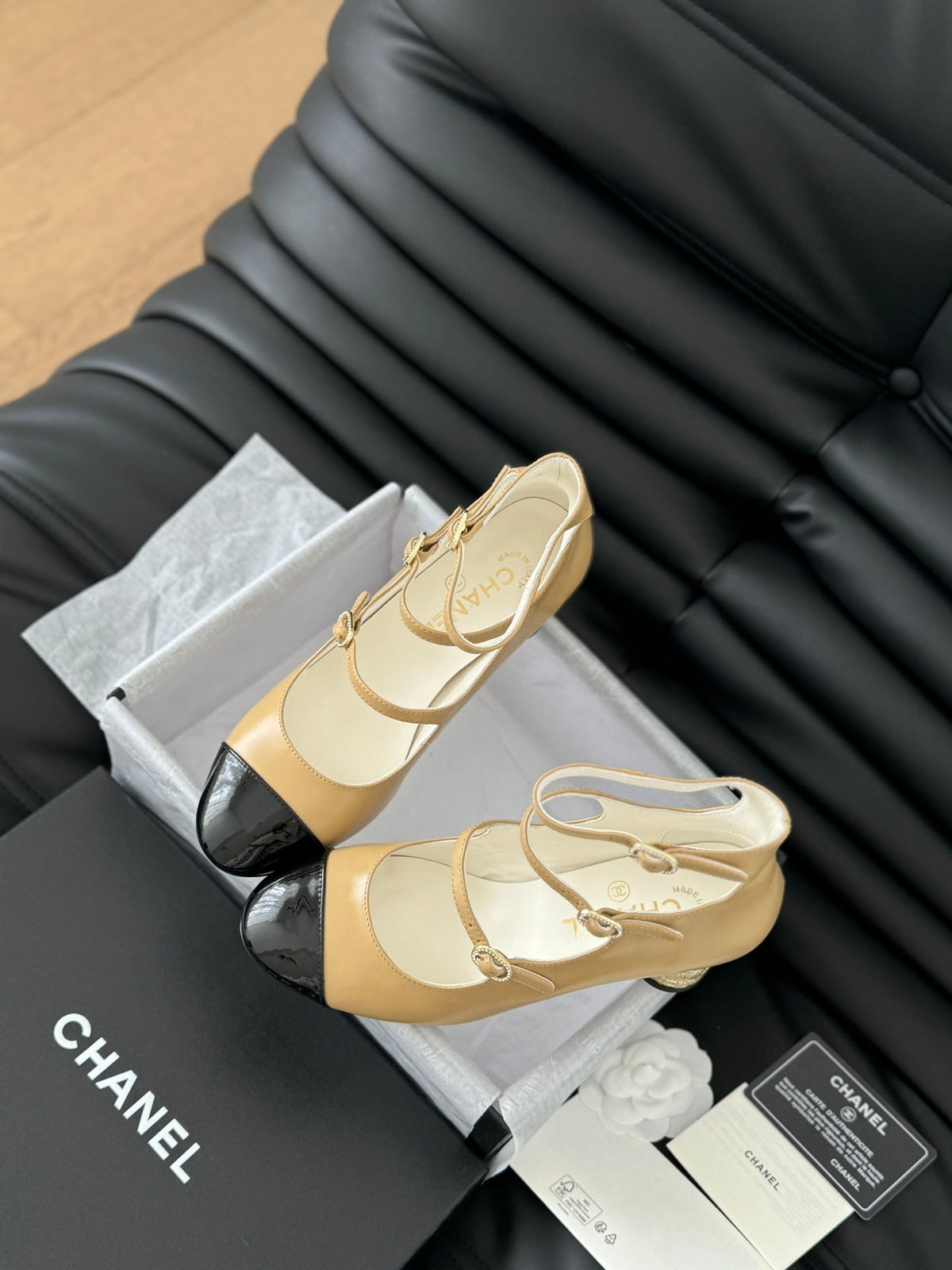 Chanel Mary Jane Shoes Three Straps in Sepia Beige Mix Black Lambskin