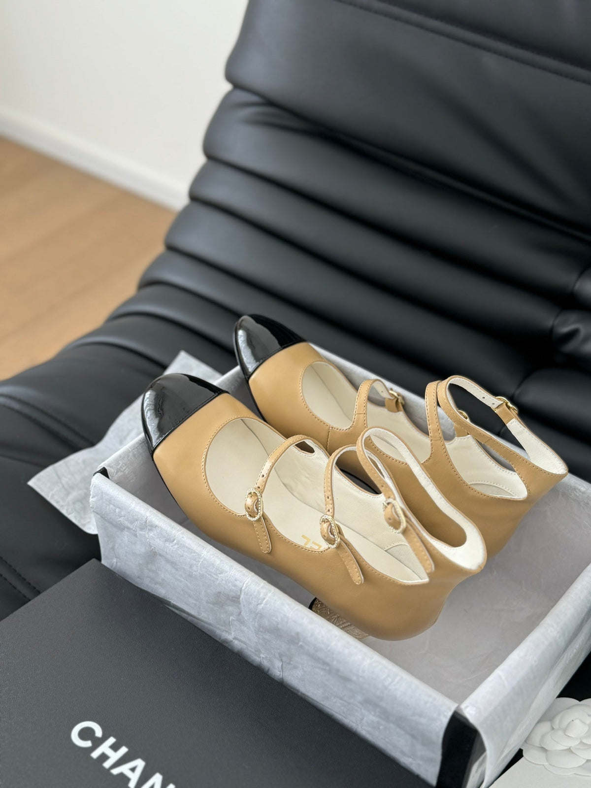 Chanel Mary Jane Shoes Three Straps in Sepia Beige Mix Black Lambskin