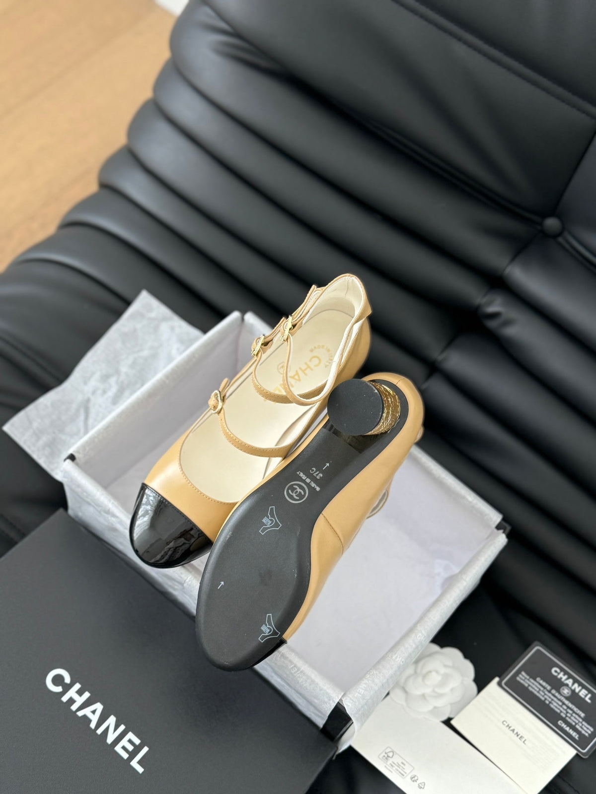 Chanel Mary Jane Shoes Three Straps in Sepia Beige Mix Black Lambskin