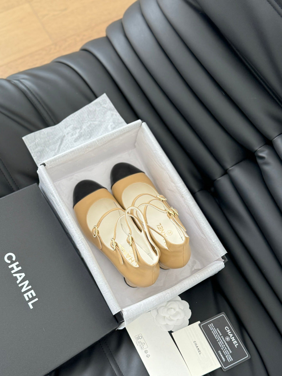 Chanel Mary Jane Shoes Three Straps in Sepia Beige Mix Black Lambskin