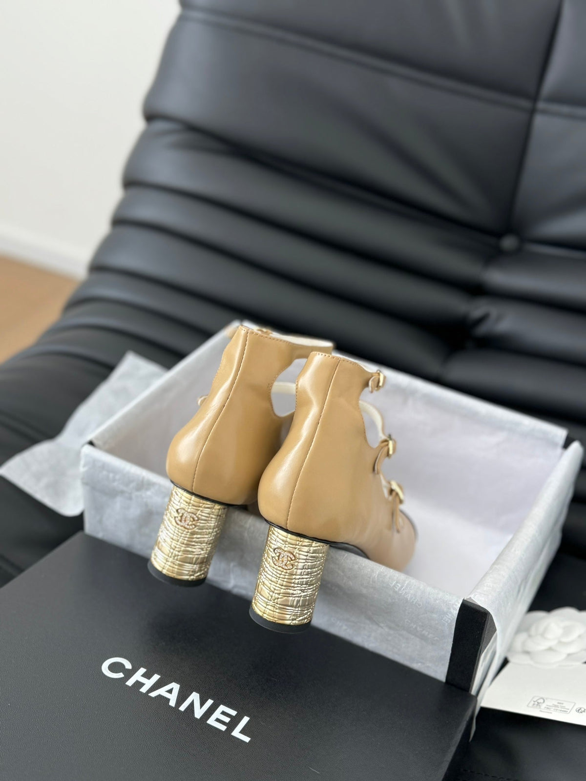 Chanel Mary Jane Shoes Three Straps in Sepia Beige Mix Black Lambskin