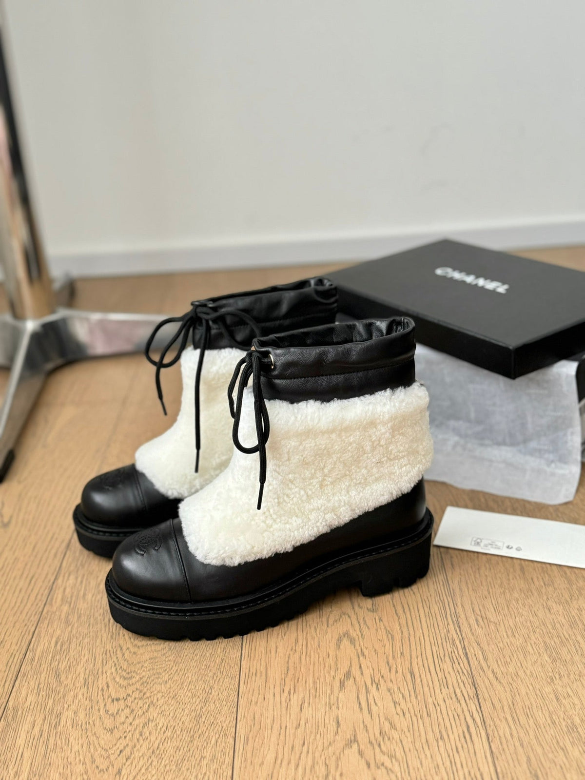Chanel Chunky Boots in White Smooth Fleece and Black Calfskin