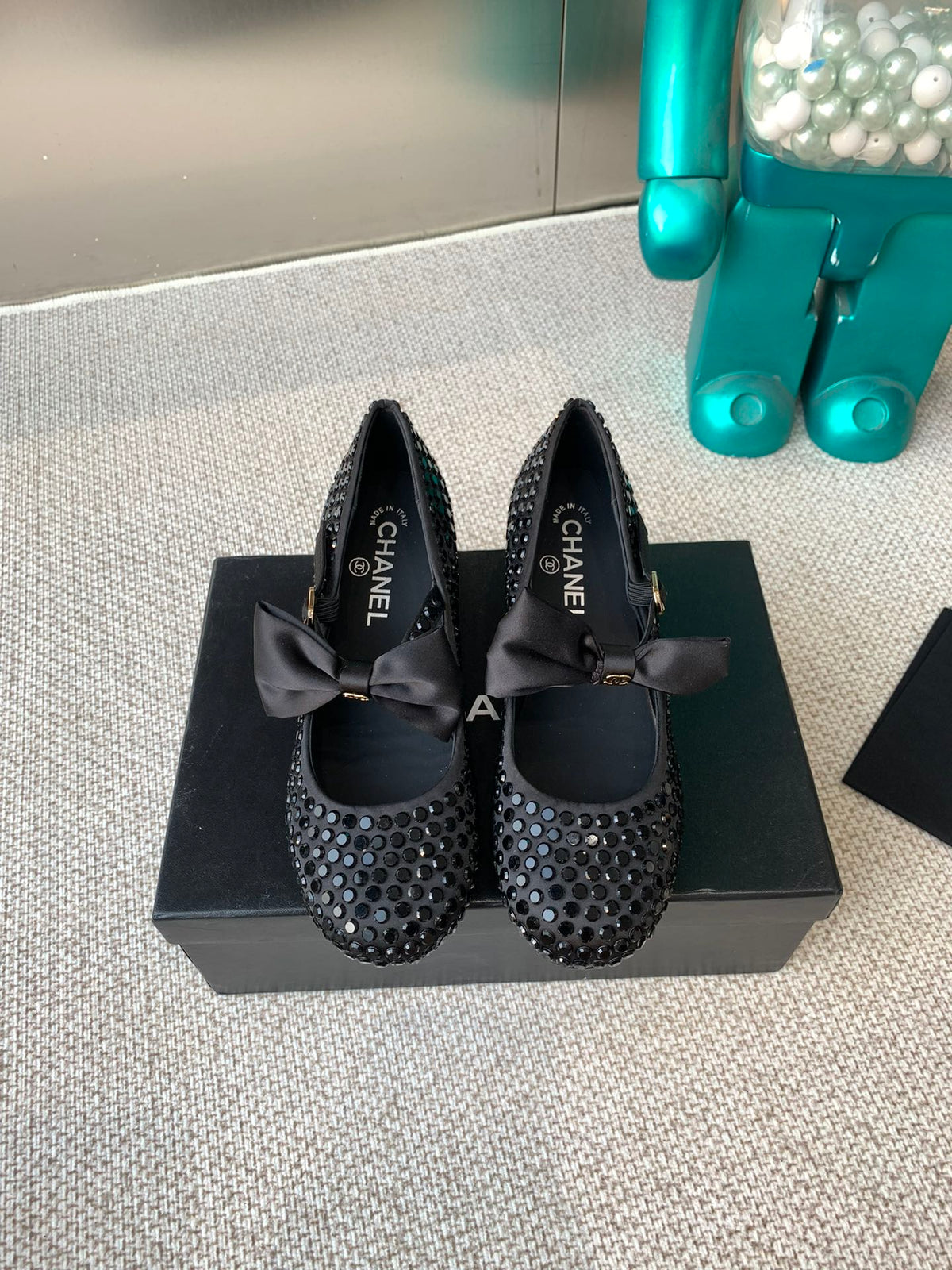 Chanel Mary Janes Shoes in Black Satin with Rhinestones