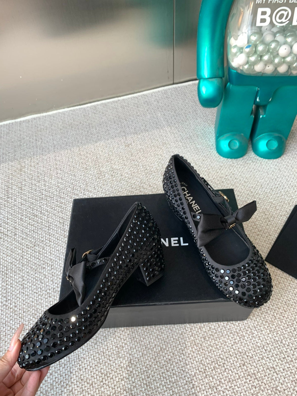 Chanel Mary Janes Shoes in Black Satin with Rhinestones