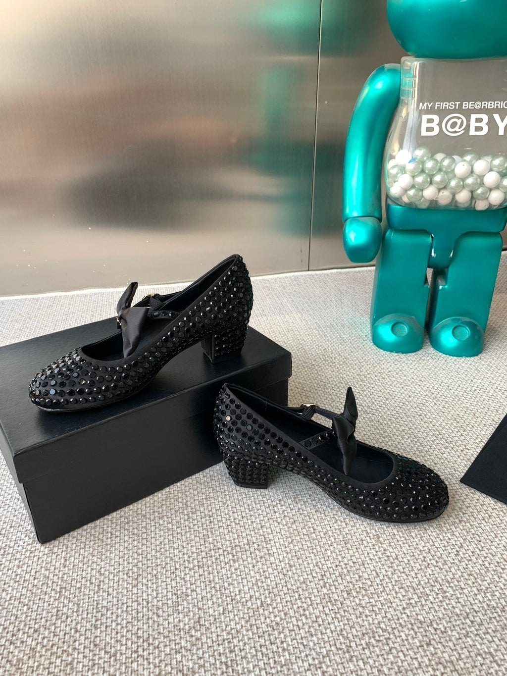 Chanel Mary Janes Shoes in Black Satin with Rhinestones