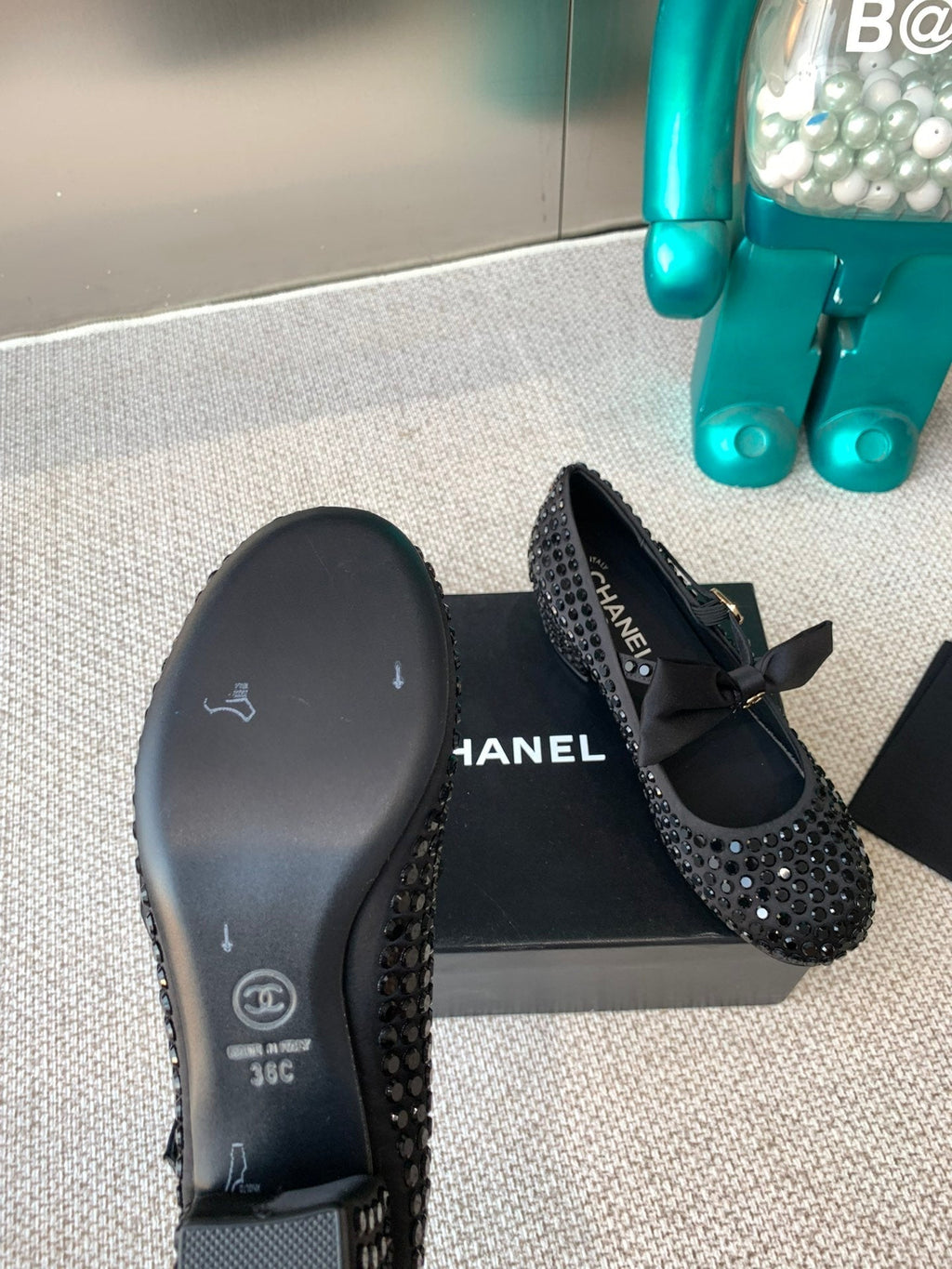 Chanel Mary Janes Shoes in Black Satin with Rhinestones