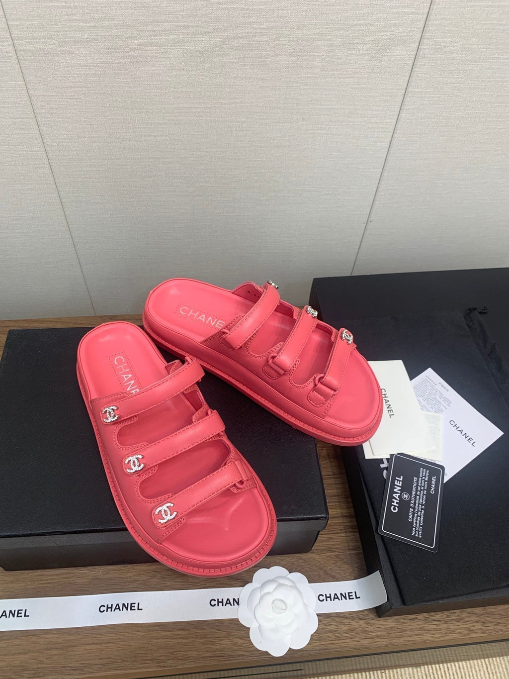 Chanel Dad Sandal in Red Pink Lambskin Mule