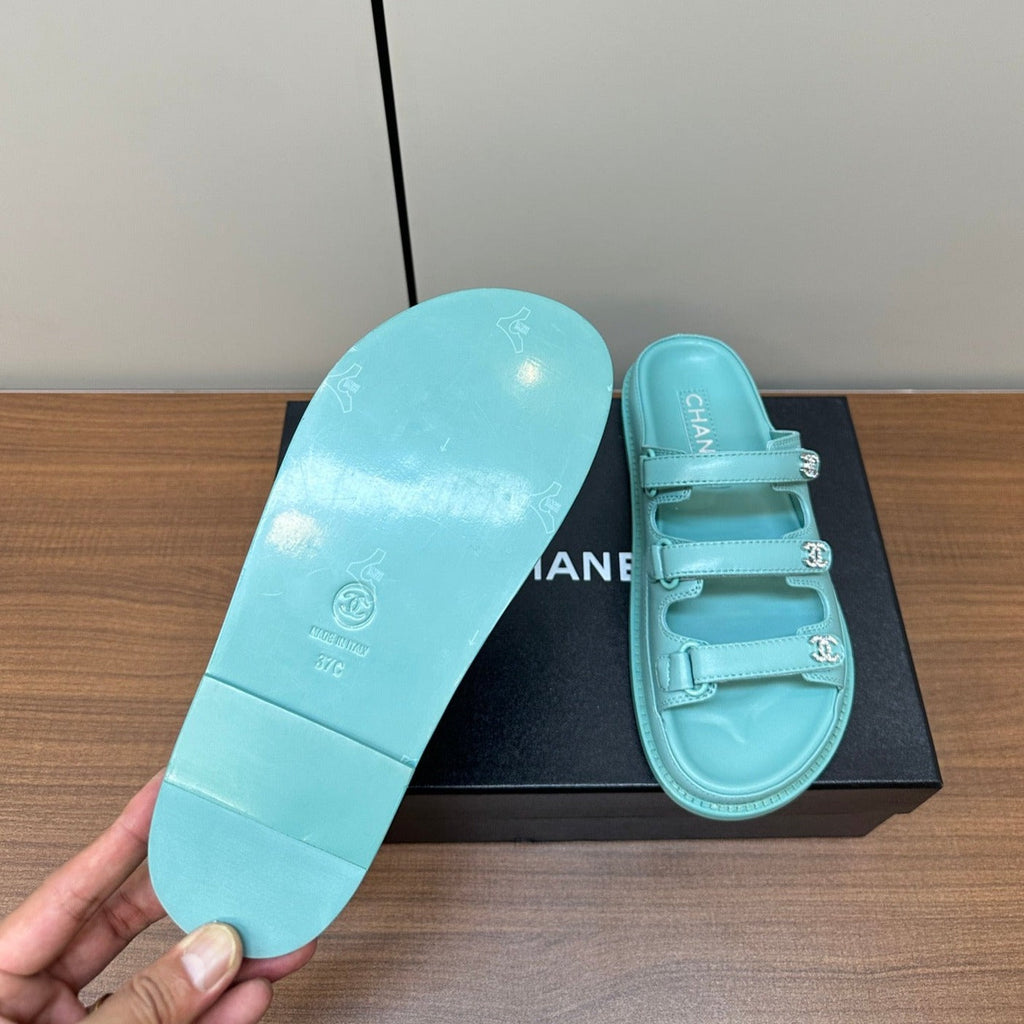Chanel Dad Sandals Skye Blue 3 Rows Lambskin Mules