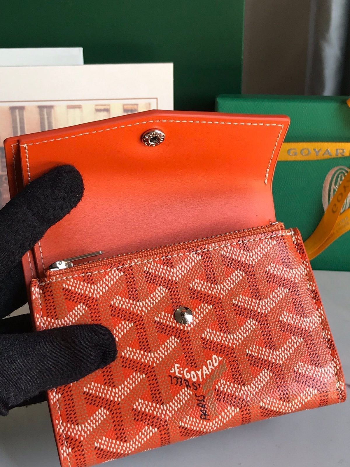 Goyard Saint-Gabriel Wallet 12 in Orange Calfskin and Goyardine Canvas