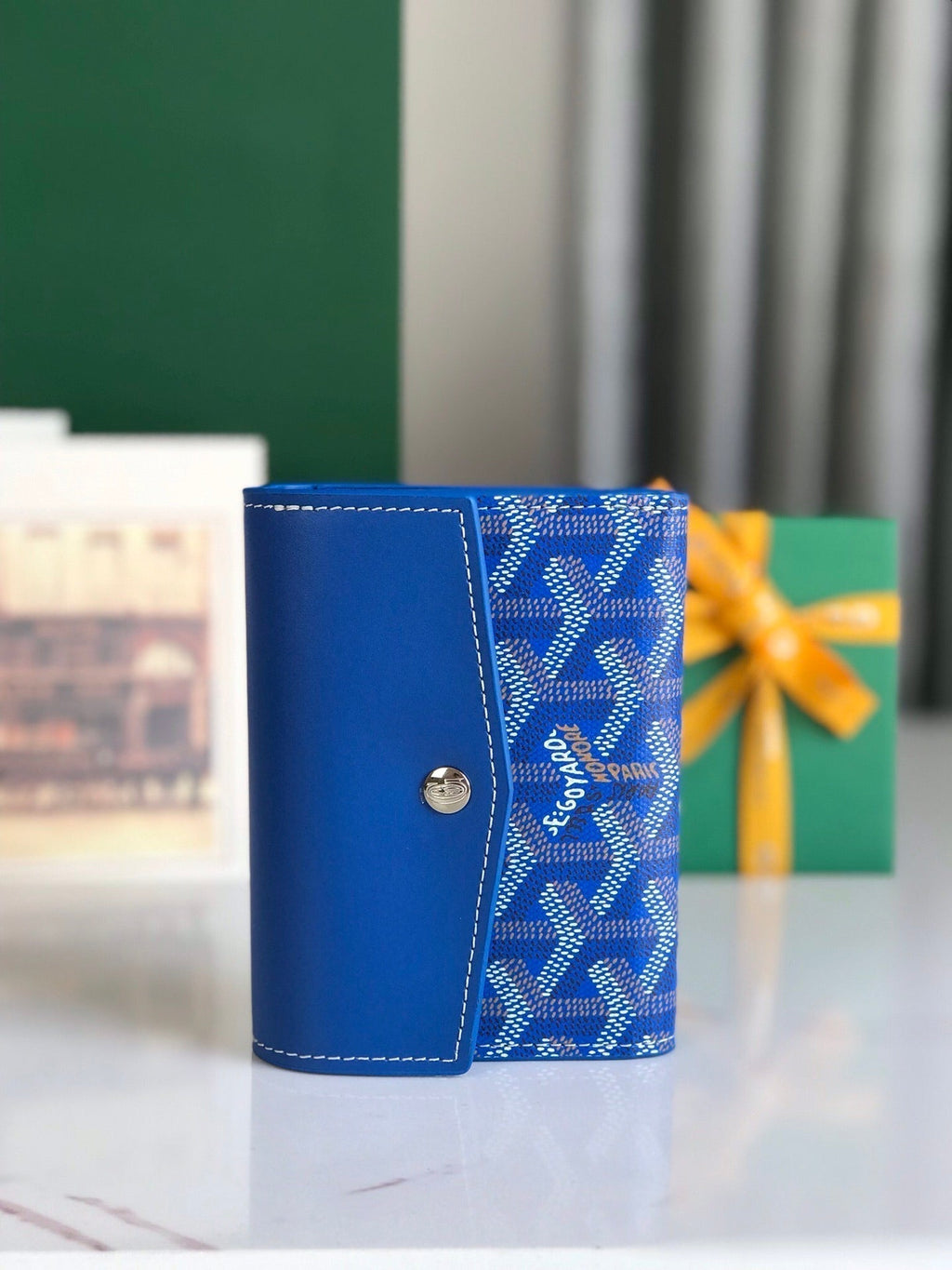 Goyard Saint-Gabriel Wallet 12 in Sapphire Blue Calfskin and Goyardine Canvas