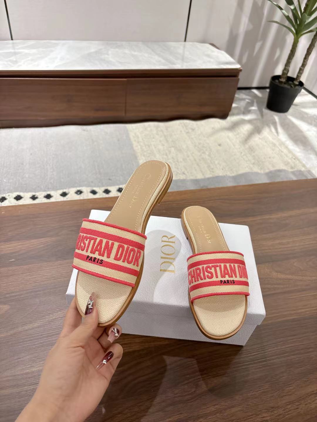 Dior Dway Slides in Beige and Red Technical Fabric