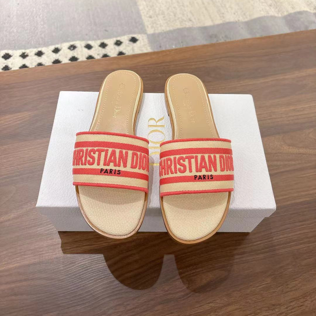 Dior Dway Slides in Beige and Red Technical Fabric