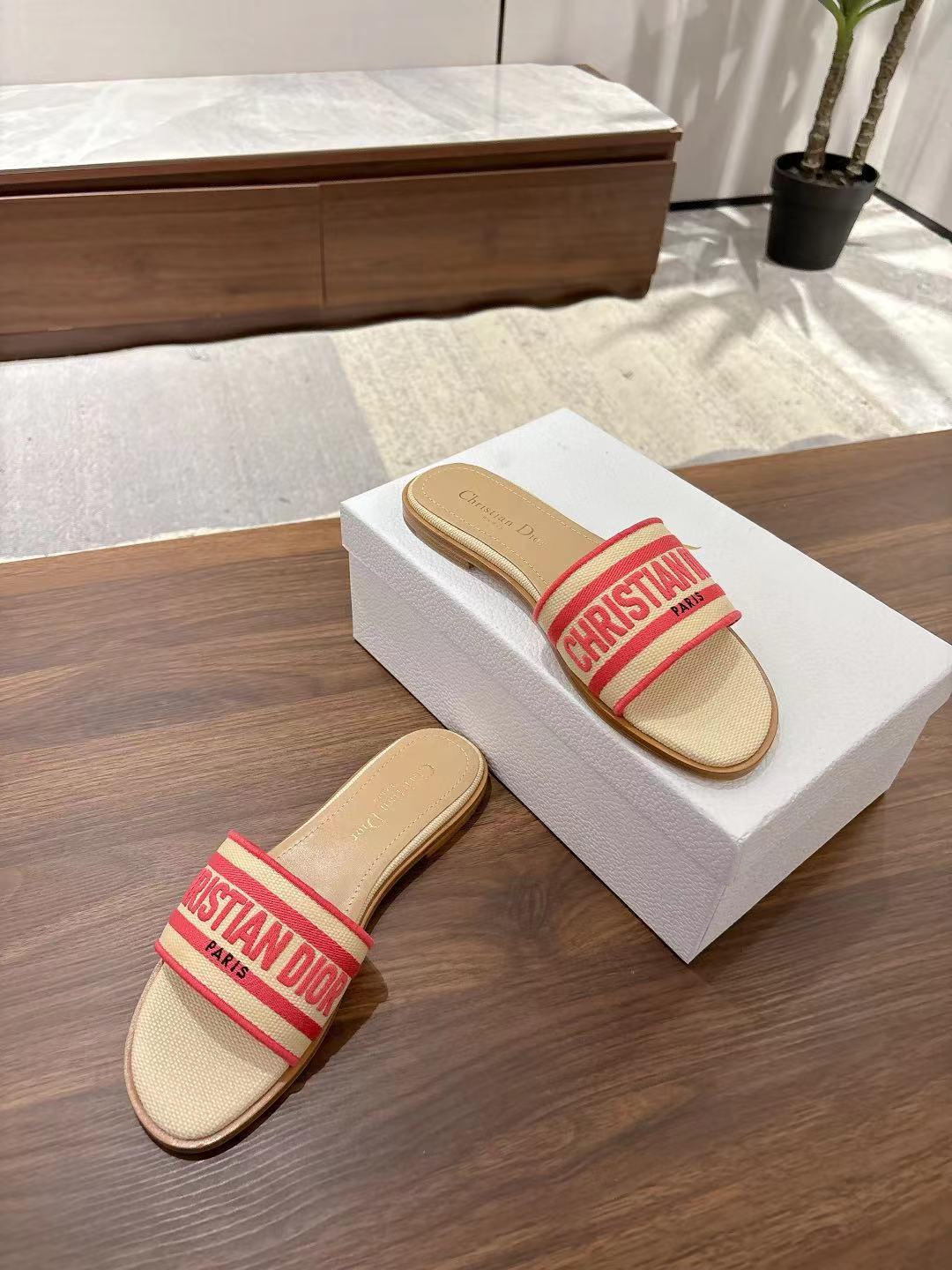 Dior Dway Slides in Beige and Red Technical Fabric