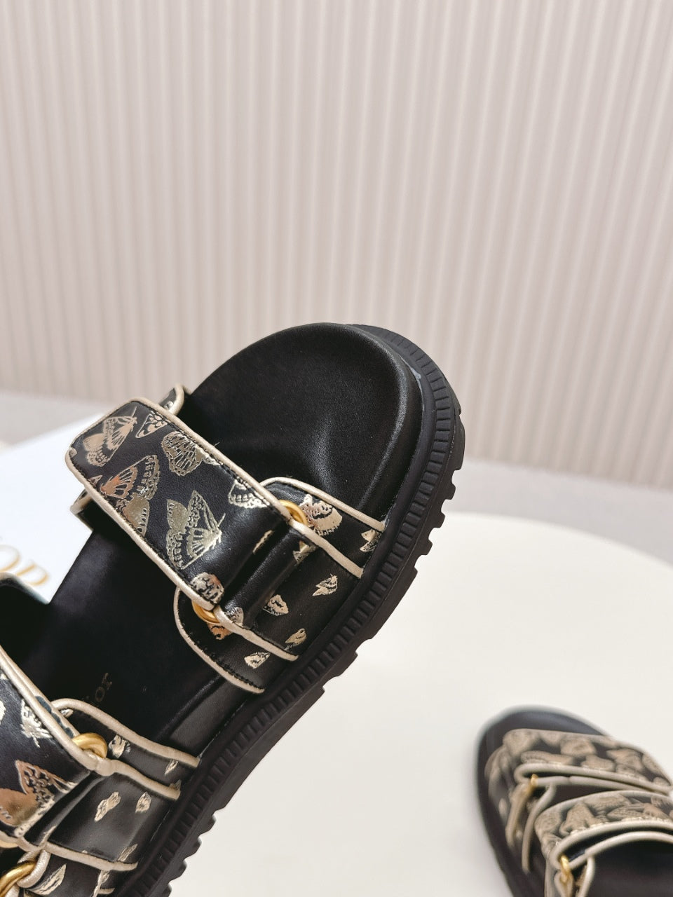 Dior Back-Strap Sandals 25S in Black and Gold Calfskin with Butterfly Motif