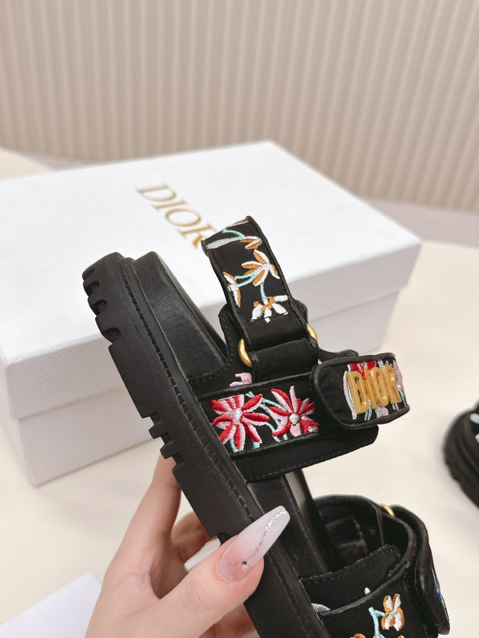 Dior Back-Strap Sandals 25S in Black Calfskin Embroidered with Petites Fleurs
