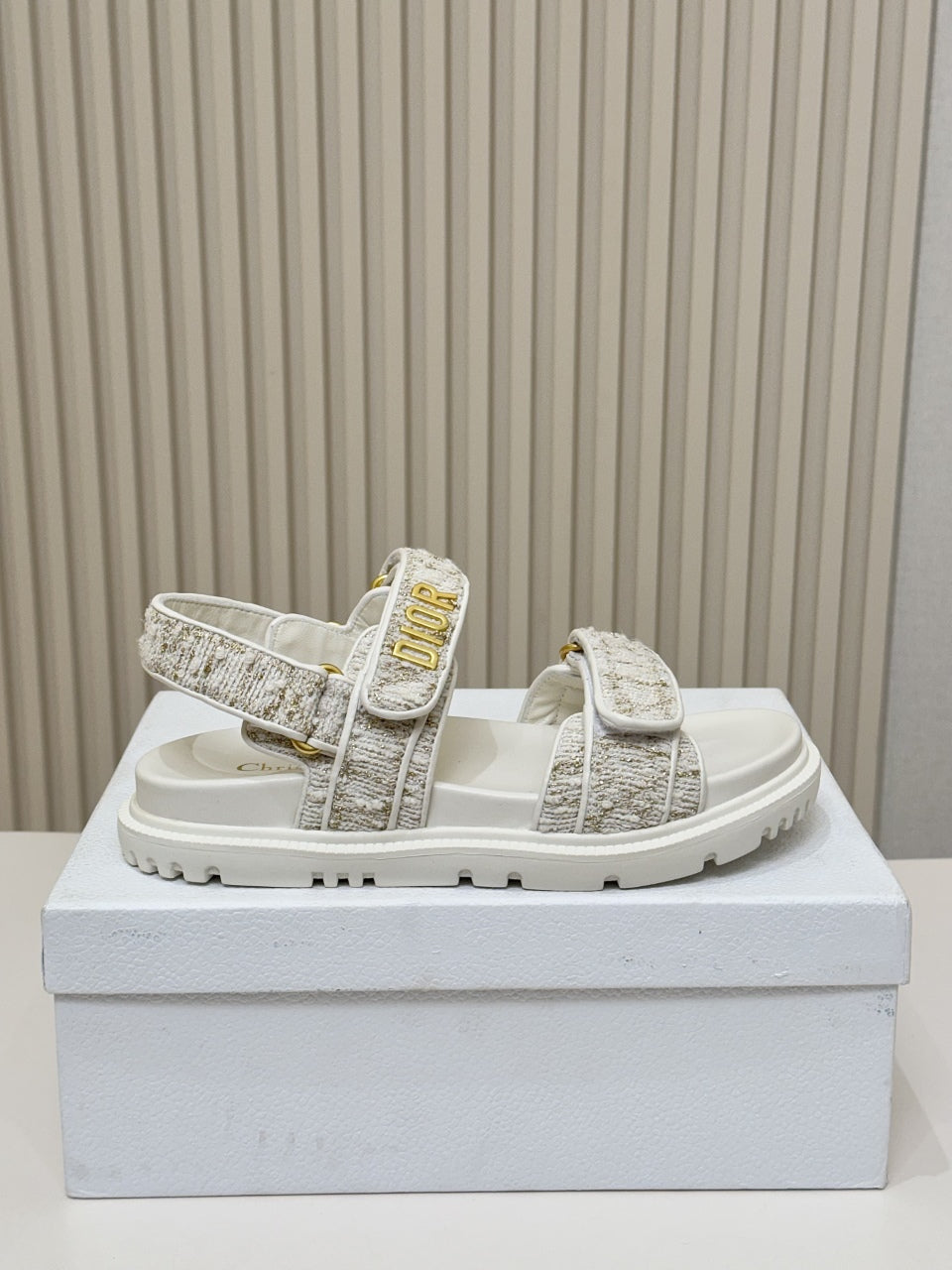 Dior Back-Strap Sandals 25S in White Tweed and Calfskin