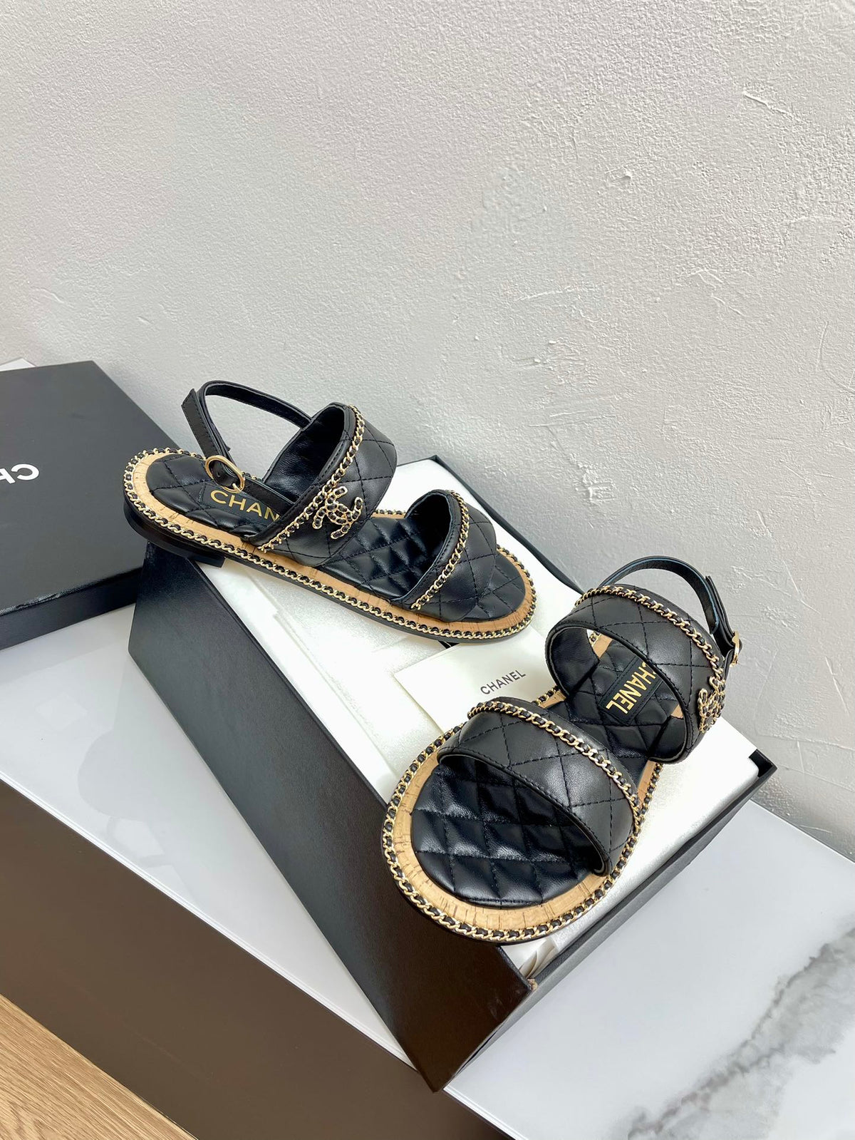 Chanel Double Straps Sandals in Black Lambskin