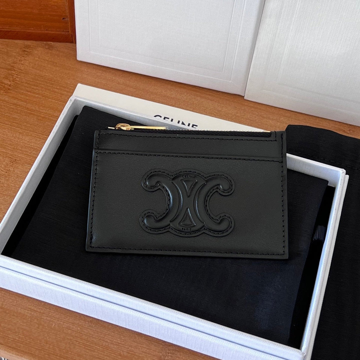 Celine 25S Zipped Card Holder 11 in Black Calfskin Gold Hardware