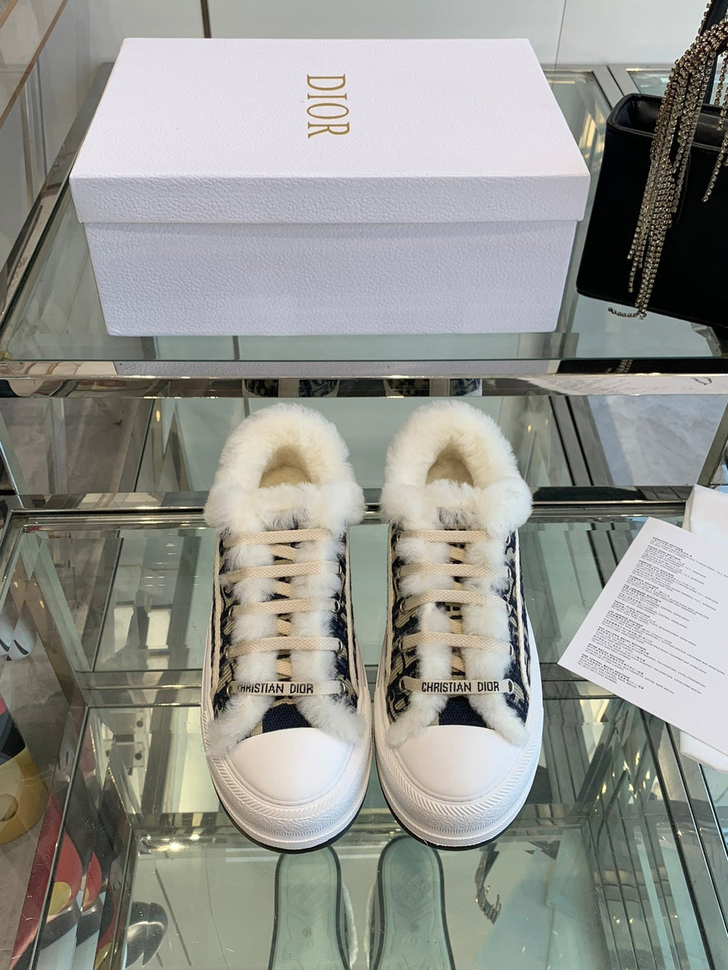 Dior Alk'N Platform Sneaker Camel Brown Cotton Embroidered with Oblique Motif and White Shearling