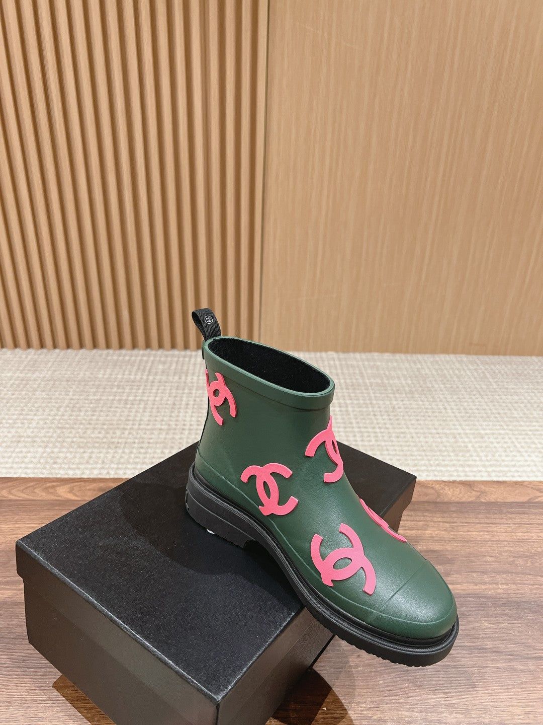 Chanel Rain Boots Green Forest Tpu with Pink Logo