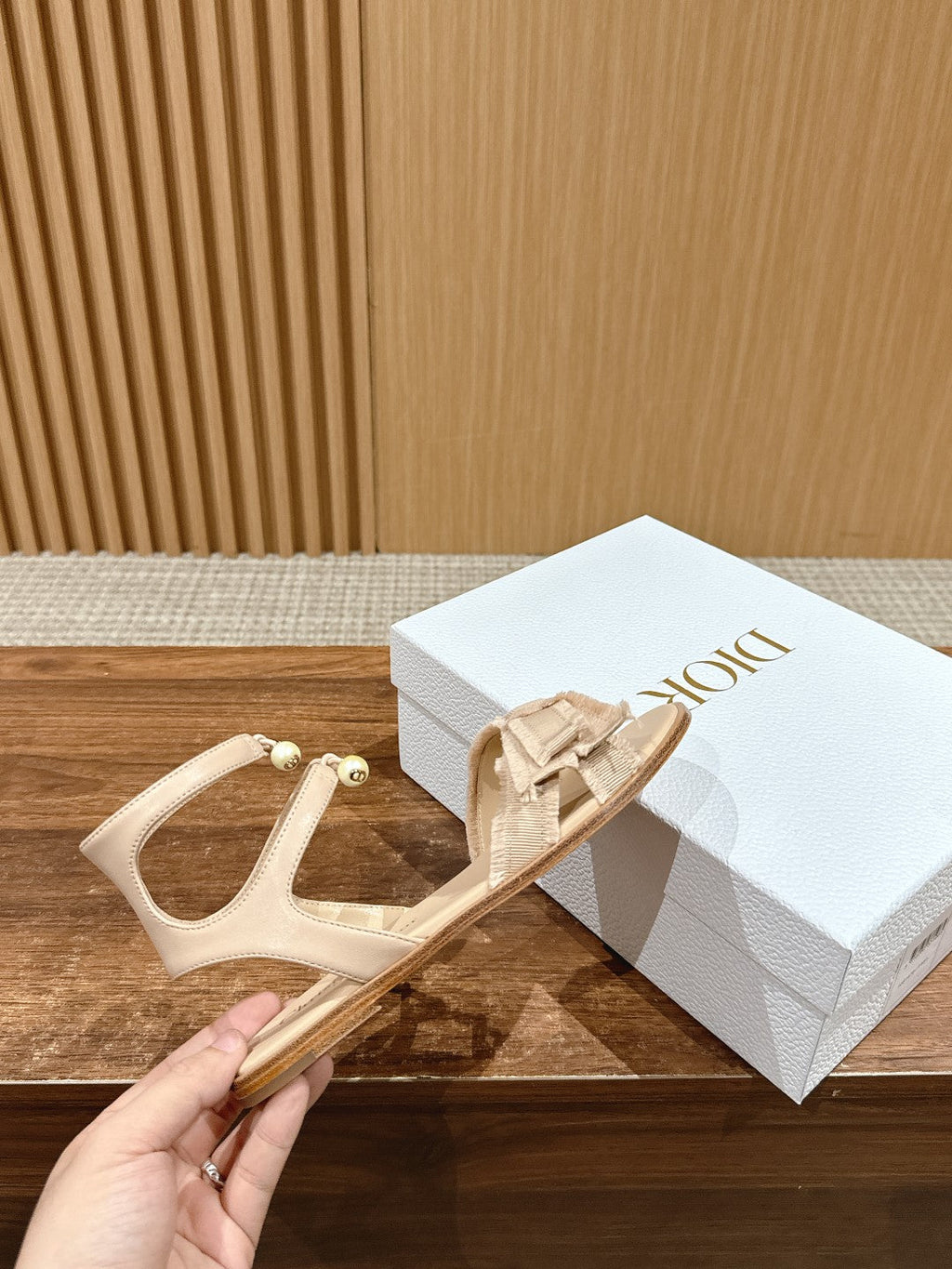 Dior Aable Sandals 25S in Light Beige Fabric and Lambskin with Pearl Detailing