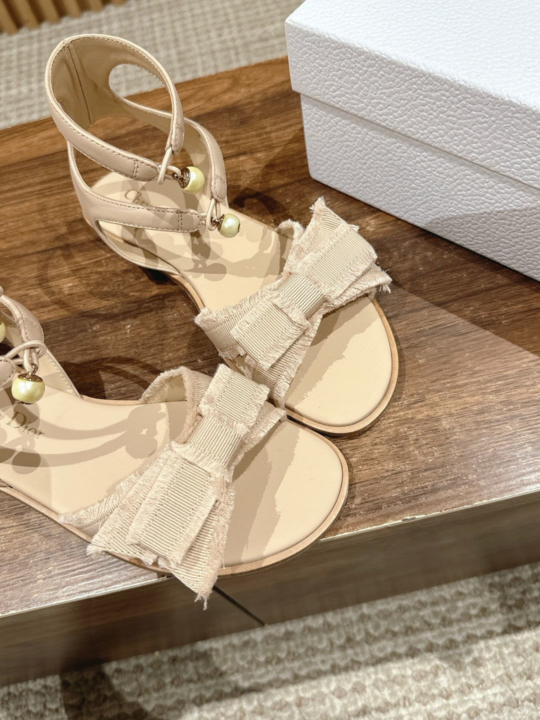 Dior Aable Sandals 25S in Light Beige Fabric and Lambskin with Pearl Detailing