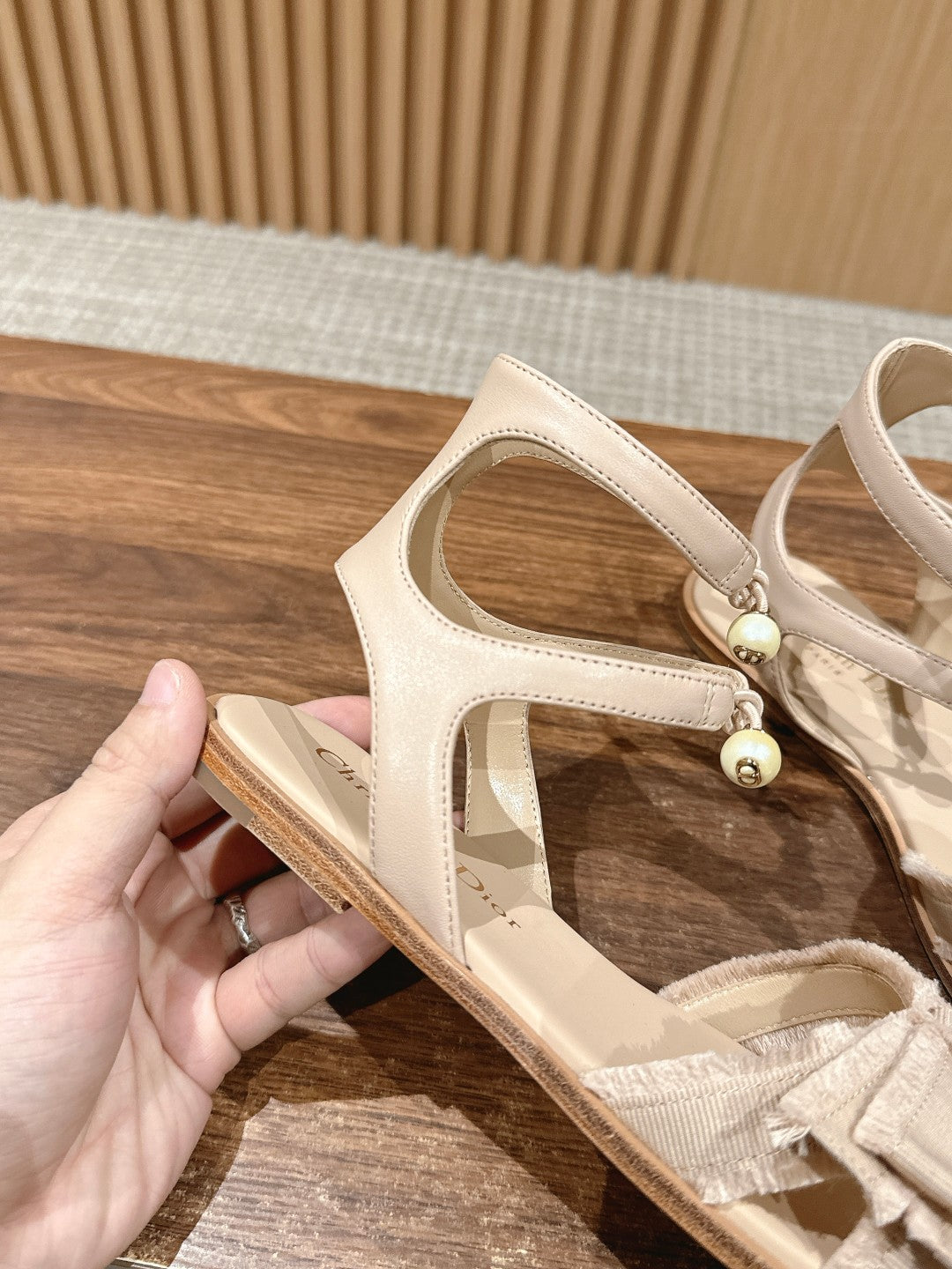 Dior Aable Sandals 25S in Light Beige Fabric and Lambskin with Pearl Detailing