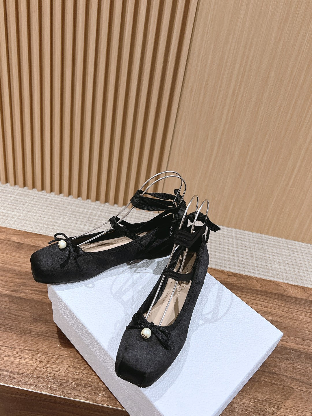 Dior Classic Lace-Up Ballet Flats 25S in Black Satin Pearl Detailing