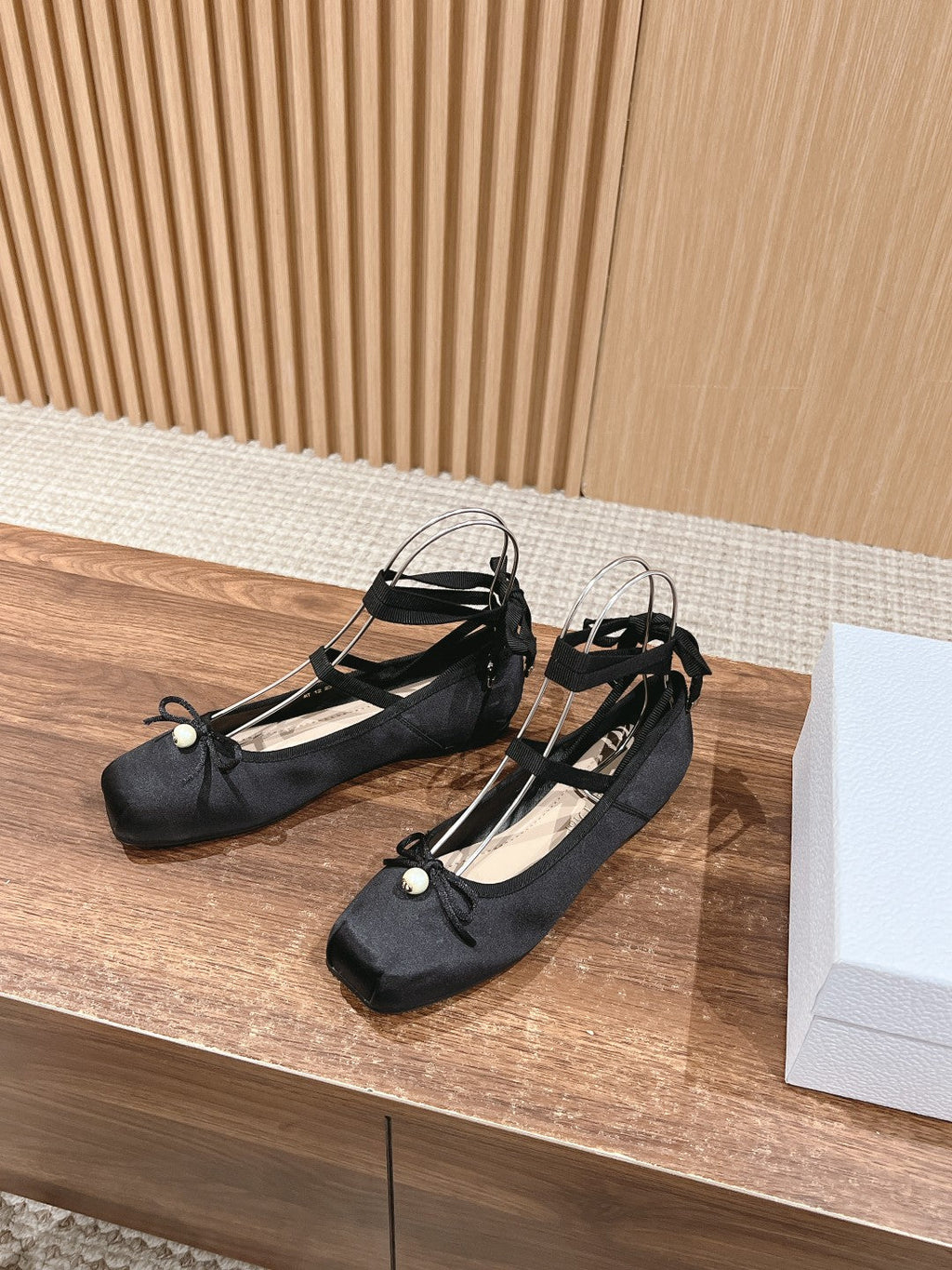 Dior Classic Lace-Up Ballet Flats 25S in Black Satin Pearl Detailing
