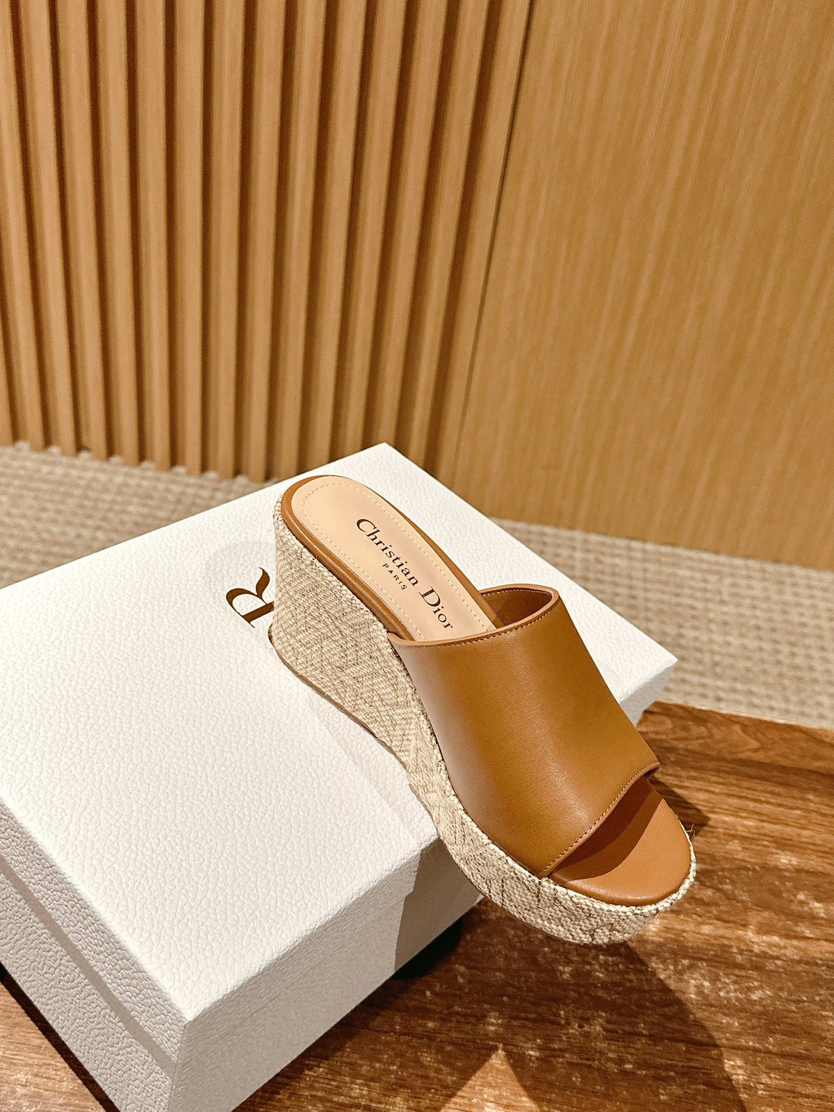 Dior Attitude Wedge Slide 90mm in Brown Calfskin Natural Beige Raffia Sole