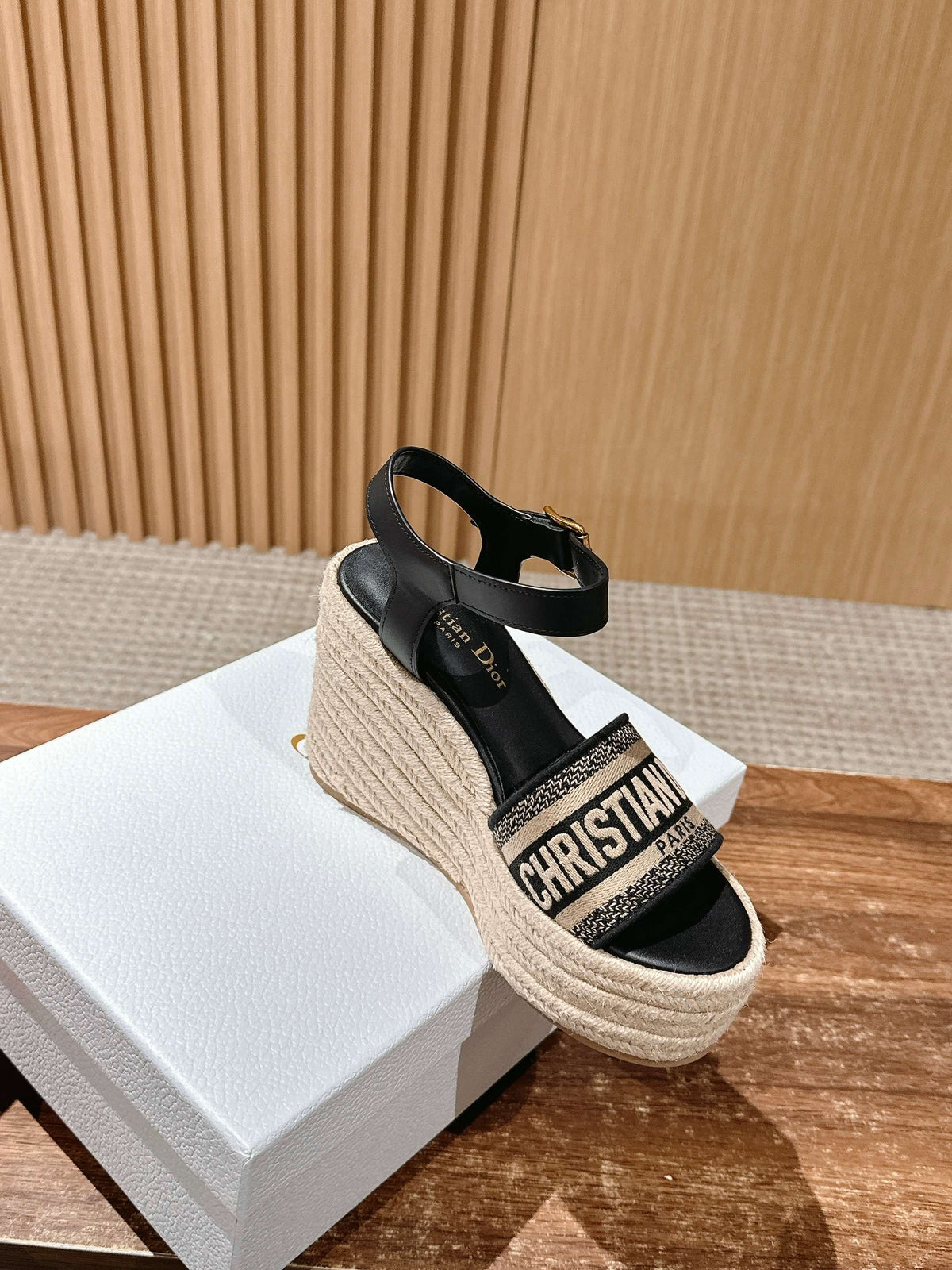 Dior Dway Wedge Sandal in Black Embroidered Cotton Raffia Sole