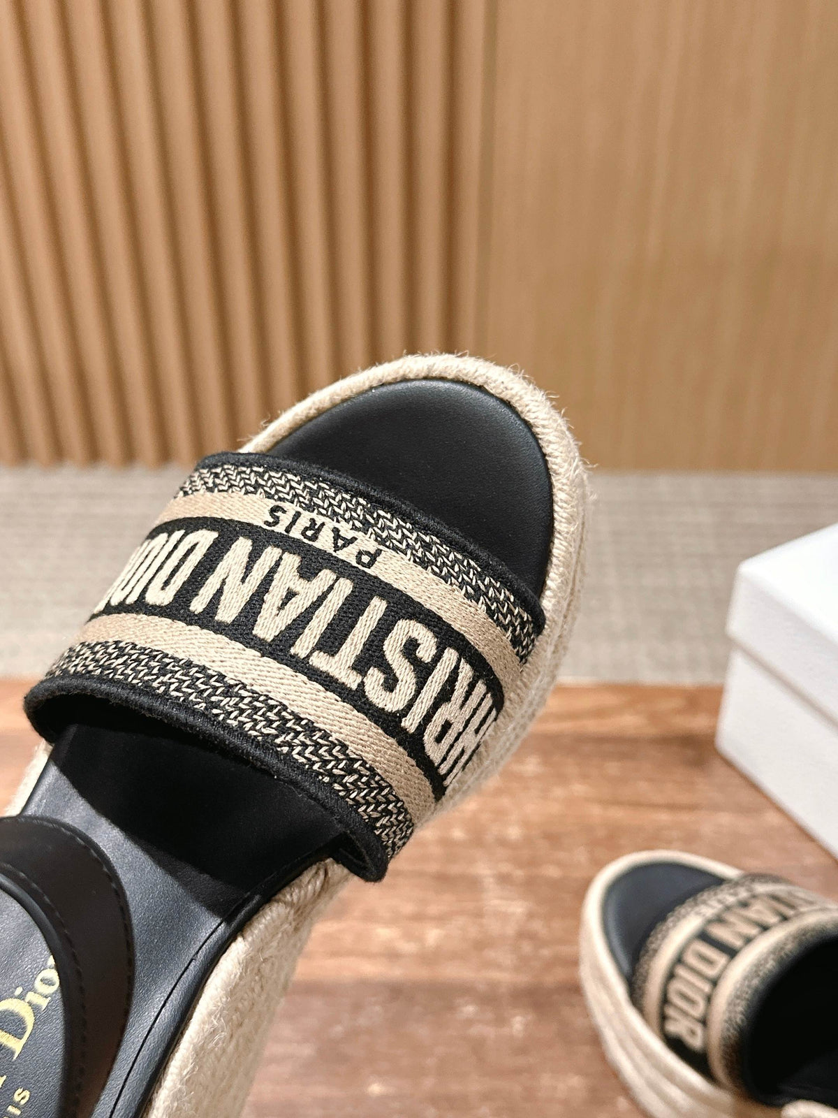 Dior Dway Wedge Sandal in Black Embroidered Cotton Raffia Sole