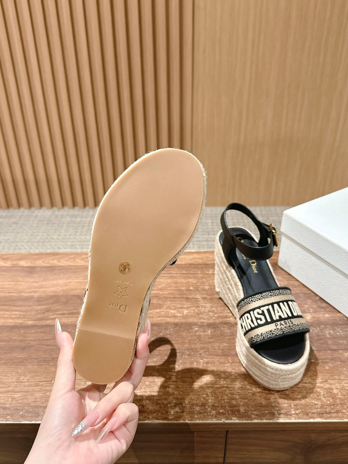 Dior Dway Wedge Sandal in Black Embroidered Cotton Raffia Sole