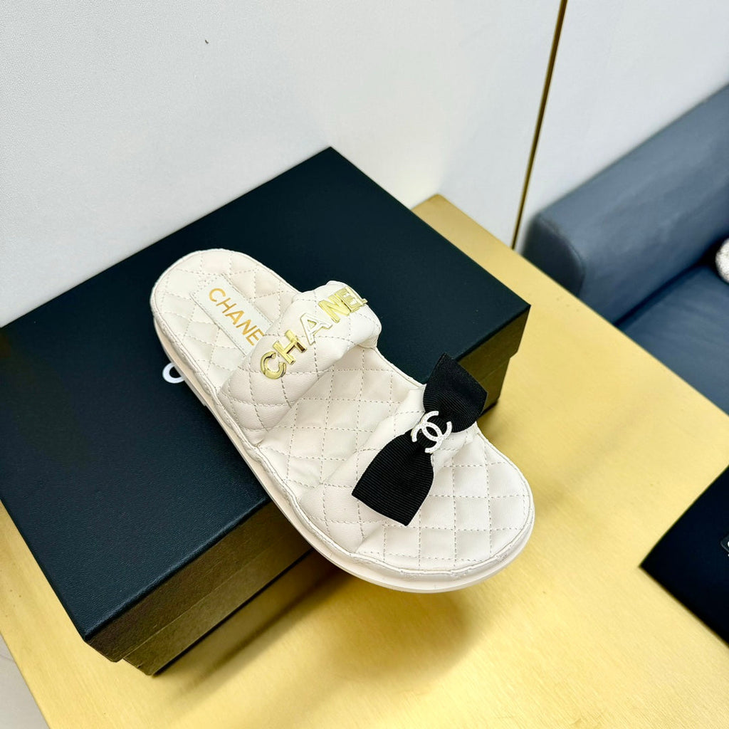 Chanel Dad Sandals with Bow in White Lambskin Mule