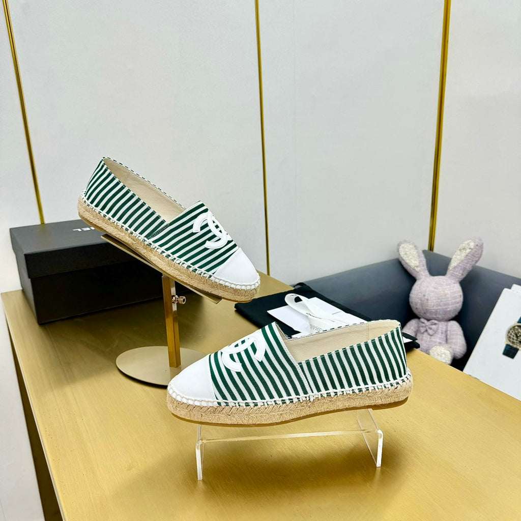 Chanel Slip-On 25S in Dark Green and White Fabric with Striped Pattern