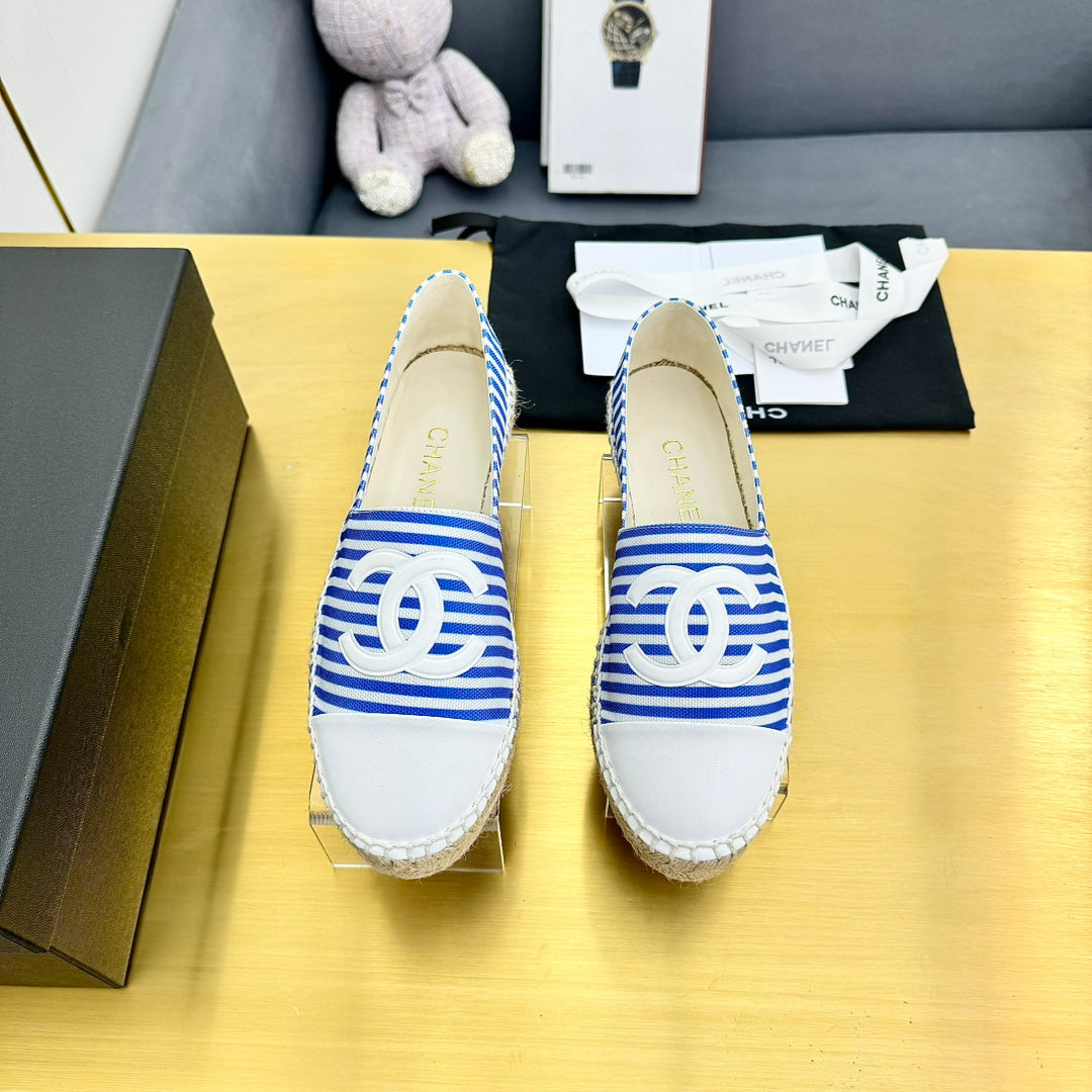 Chanel Slip-On 25S in Blue and White Fabric with Striped Pattern