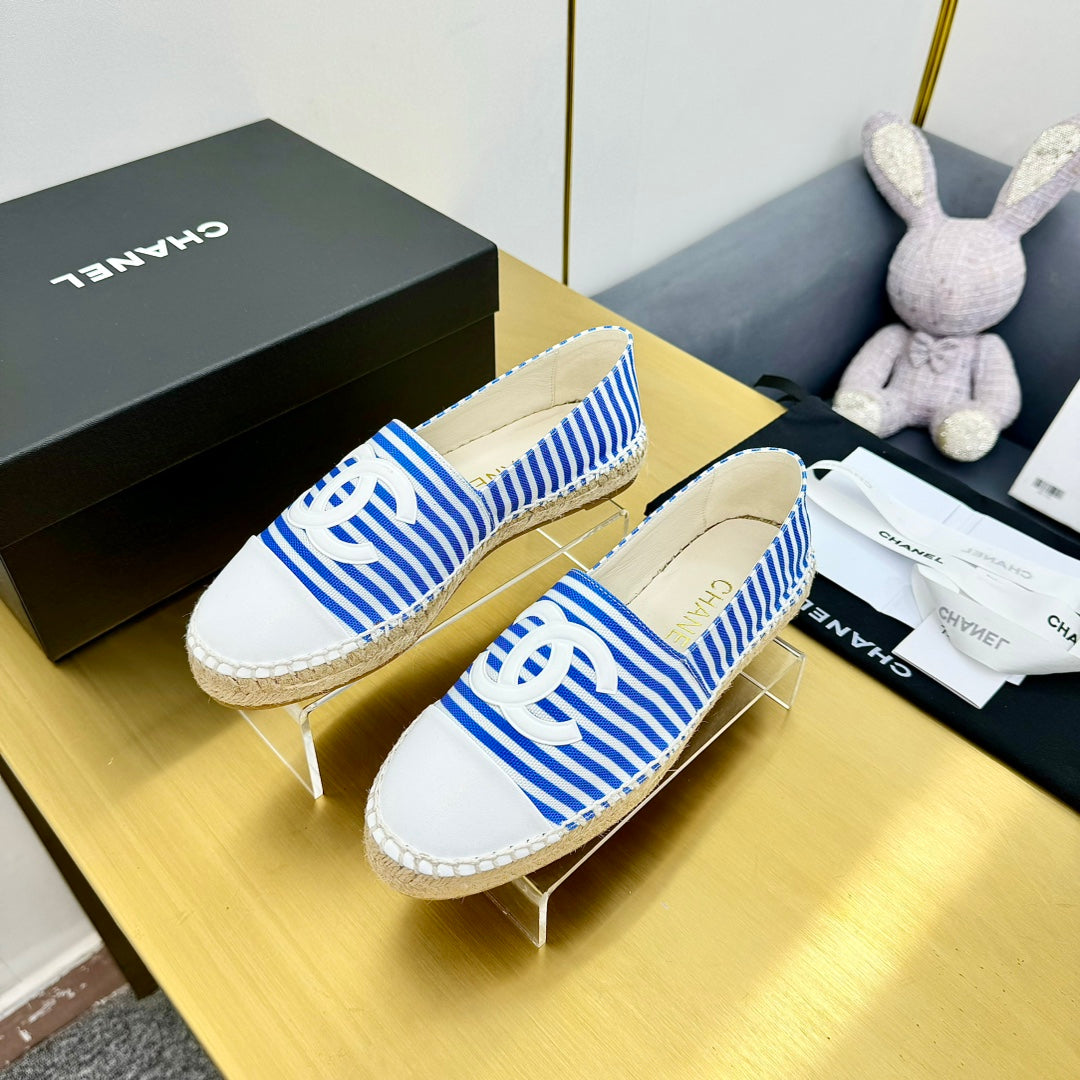 Chanel Slip-On 25S in Blue and White Fabric with Striped Pattern