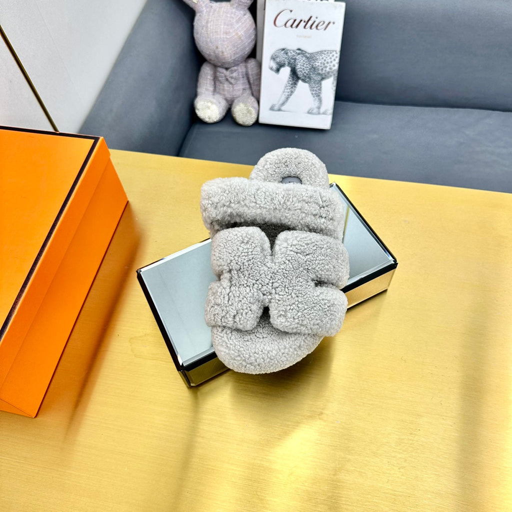 Hermes Chypre Sandal in Pale Gray Shearling